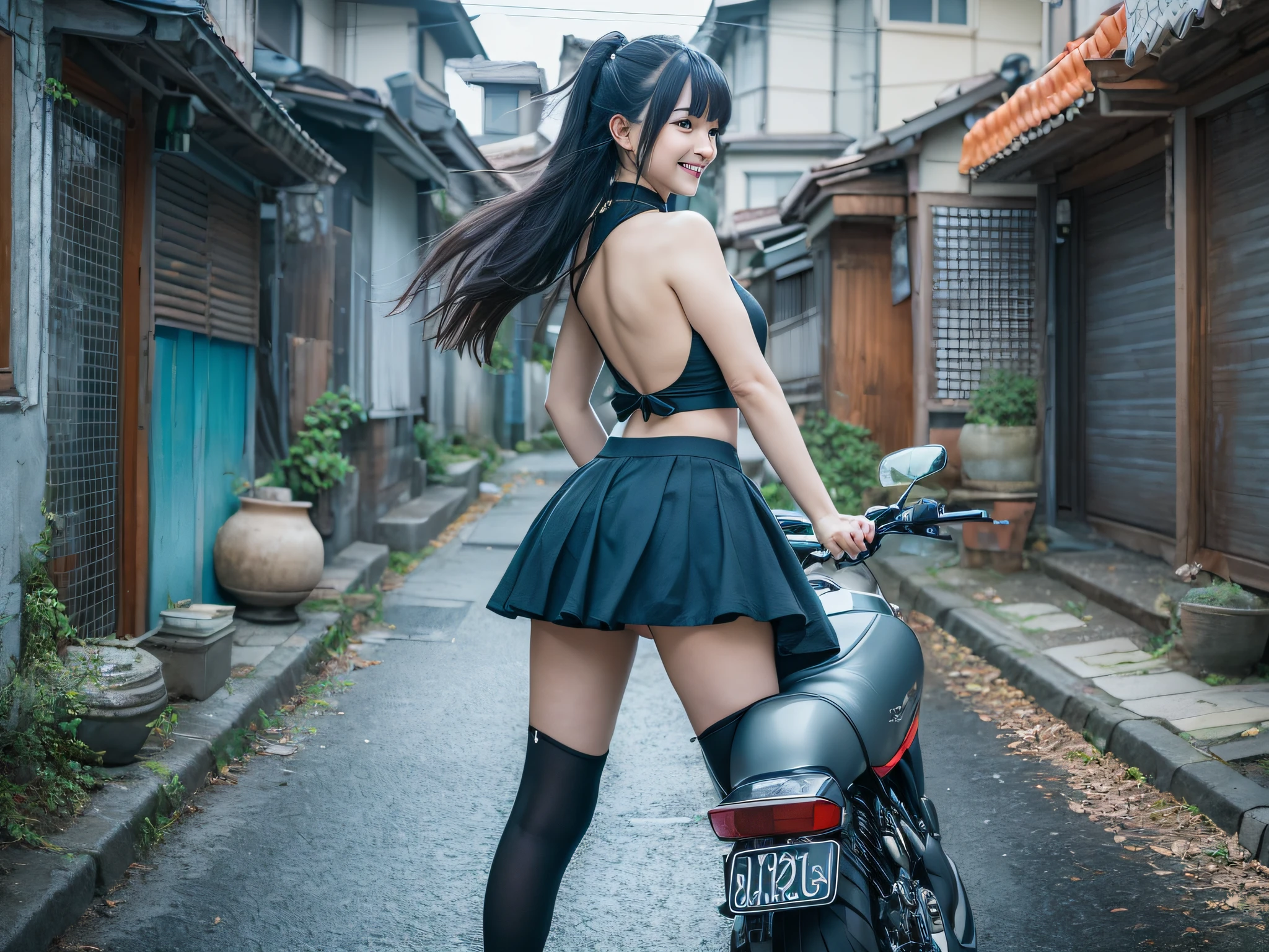 top-quality、超A high resolution、女の子1人、Light blue sailor suit、a miniskirt,(huge-breasted:1.2)、Black boots, Riding a motorcycle, Long Black Hair,poneyTail, Photo, Residential area,Live action,japanes,独奏,Beautiful expression,Wearing black tights,beautiful smiling face,perfect body type,Black Choker,Live action,No logo,No letters,Wearing black stockings,cleavage of the breast,The wind seems to flip up my skirt