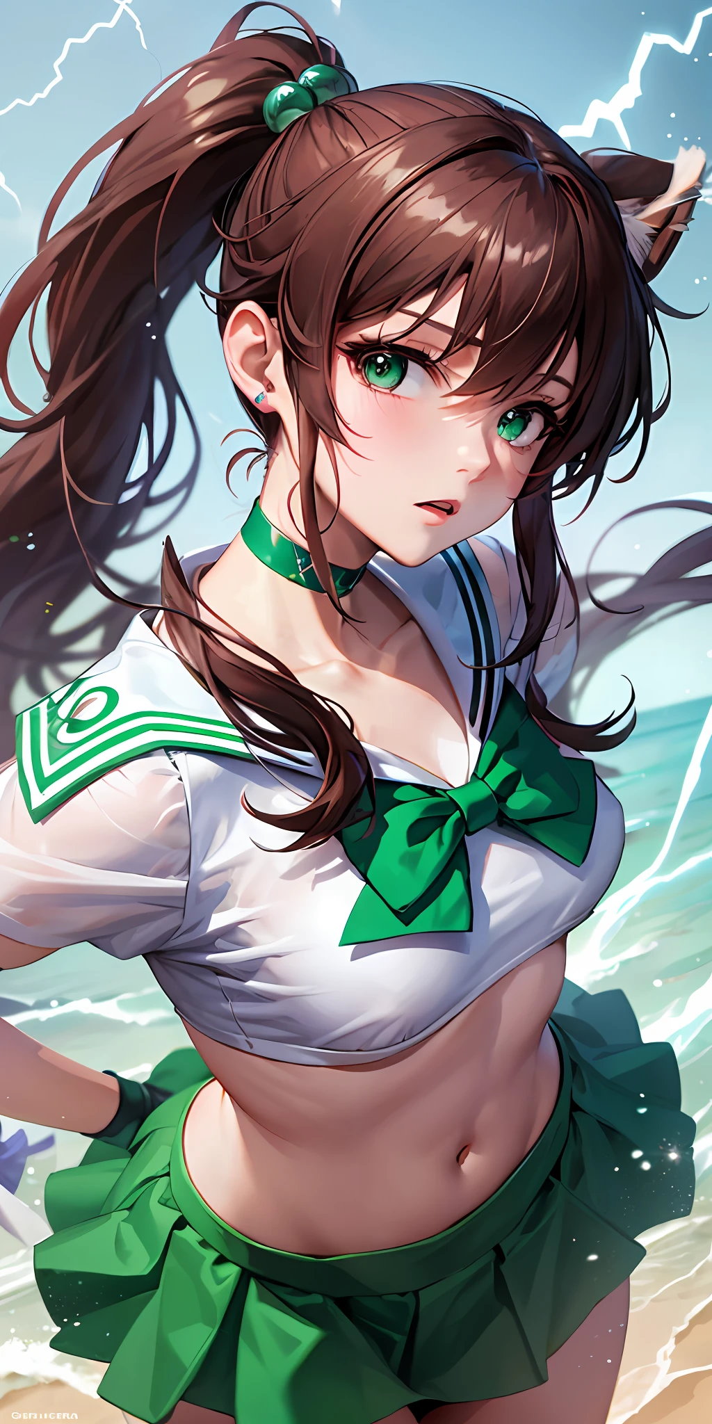 tmasterpiece， best qualtiy， A high resolution， Jupiter 1， 1 rapariga， 独奏， low angles， Sailor senshi uniform， the sailor jupiter， Makoto Kino， red brown hair， magical ***********， Green eyes， white  panties， Green skirt， gloves on the elbow， head gear， pleatedskirt， Green sailor color， mini-skirts， choker necklace， Lightning background， green choker， whitegloves， pony tails， jewely， 耳Nipple Ring， dynamicposes， beach sand background， The expression of 2.0，8K