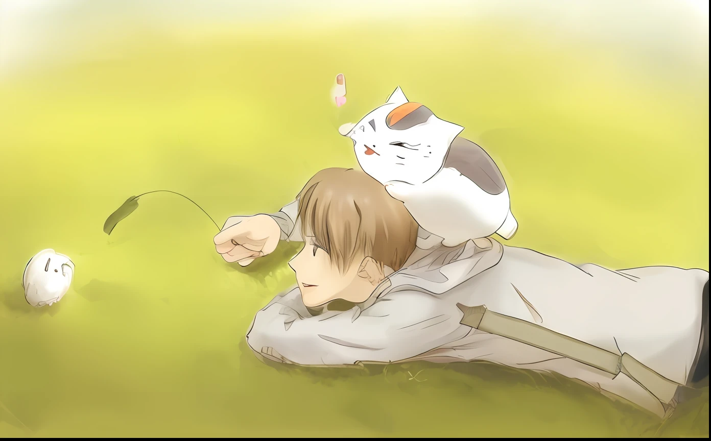 Anime boy lying on the ground，Carrying a cat on his back, natsume yuujinchou, author：Uesaka Seka, anime visual of a cute cat, anime cat, Soft anime illustration, inspired by Kamisaka Sekka, makoto shinkai and (cain kuga), realistic anime cat, author：New Art, ginko showing a new mushi