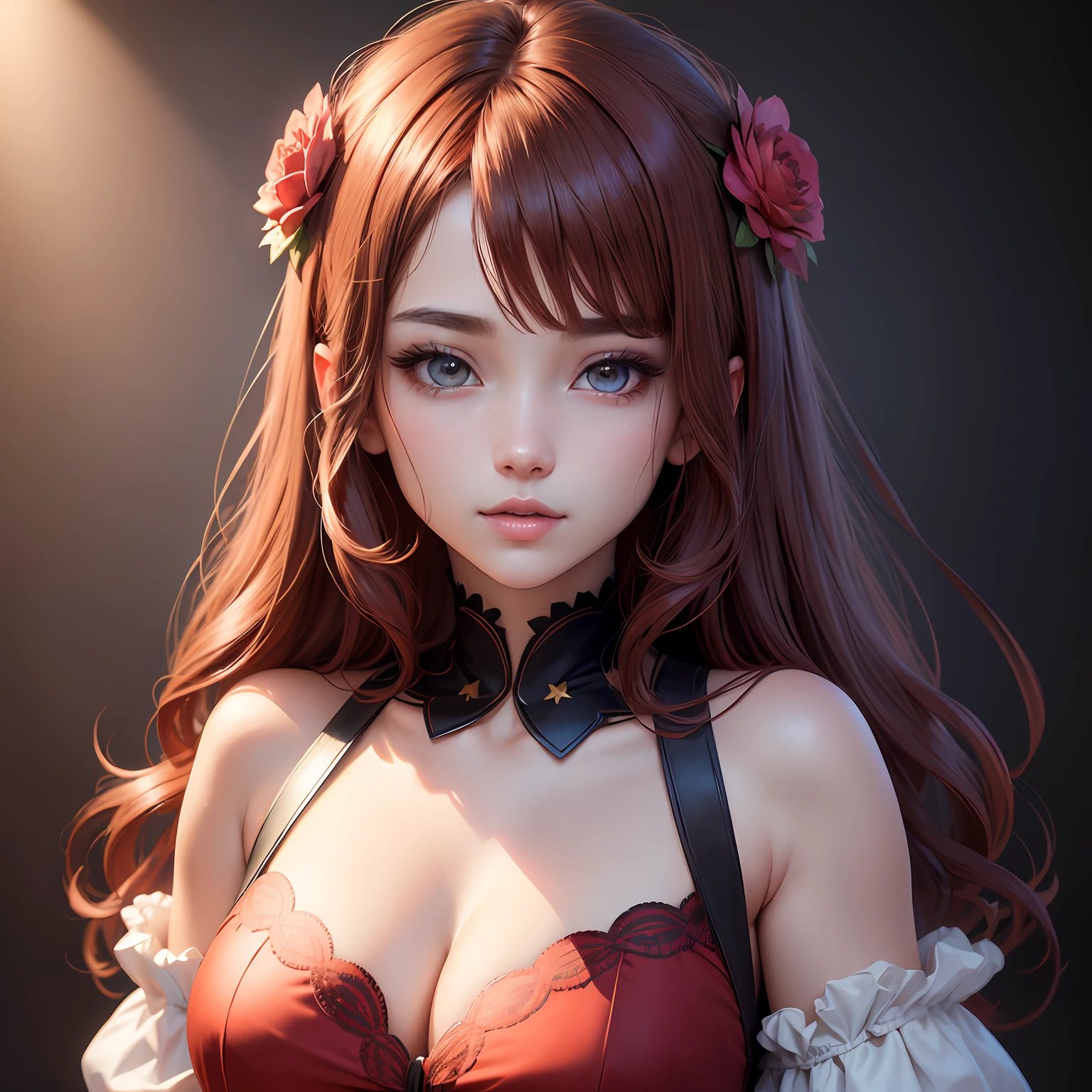 absurdres, 1girl, eye star, blush, (realistic: 1.5), (masterpiece, extremely detailed CG unit 8k wallpaper, best quality, highres: 1.2), (ultra_detailed, UHD: 1.2), (pixiv: 1.3), perfect lighting, distinctive, (bishoujo:1.2), looking at the viewer, unreal engine, side lighting, perfect face, detailed face, beautiful eyes, beautiful face, (bright skin: 1.3), idol, (abs), ulzzang-6500-v1.1, soft smile, upper body,  (dark red hair), (simple background), ((dark background)), (depth of field), close-up, selfie --auto