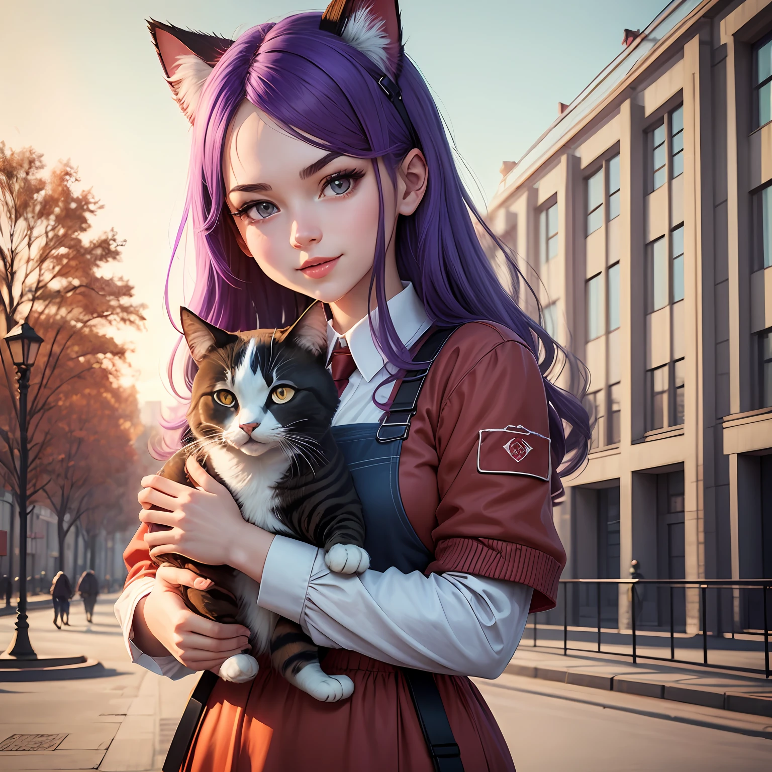 Soviet style, soviet propaganda poster, virtual_youtuber, Best Quality, masutepiece, Girl having fun with cat in the middle of empty park, lomg purple hair, wearing barista attire,advertisement