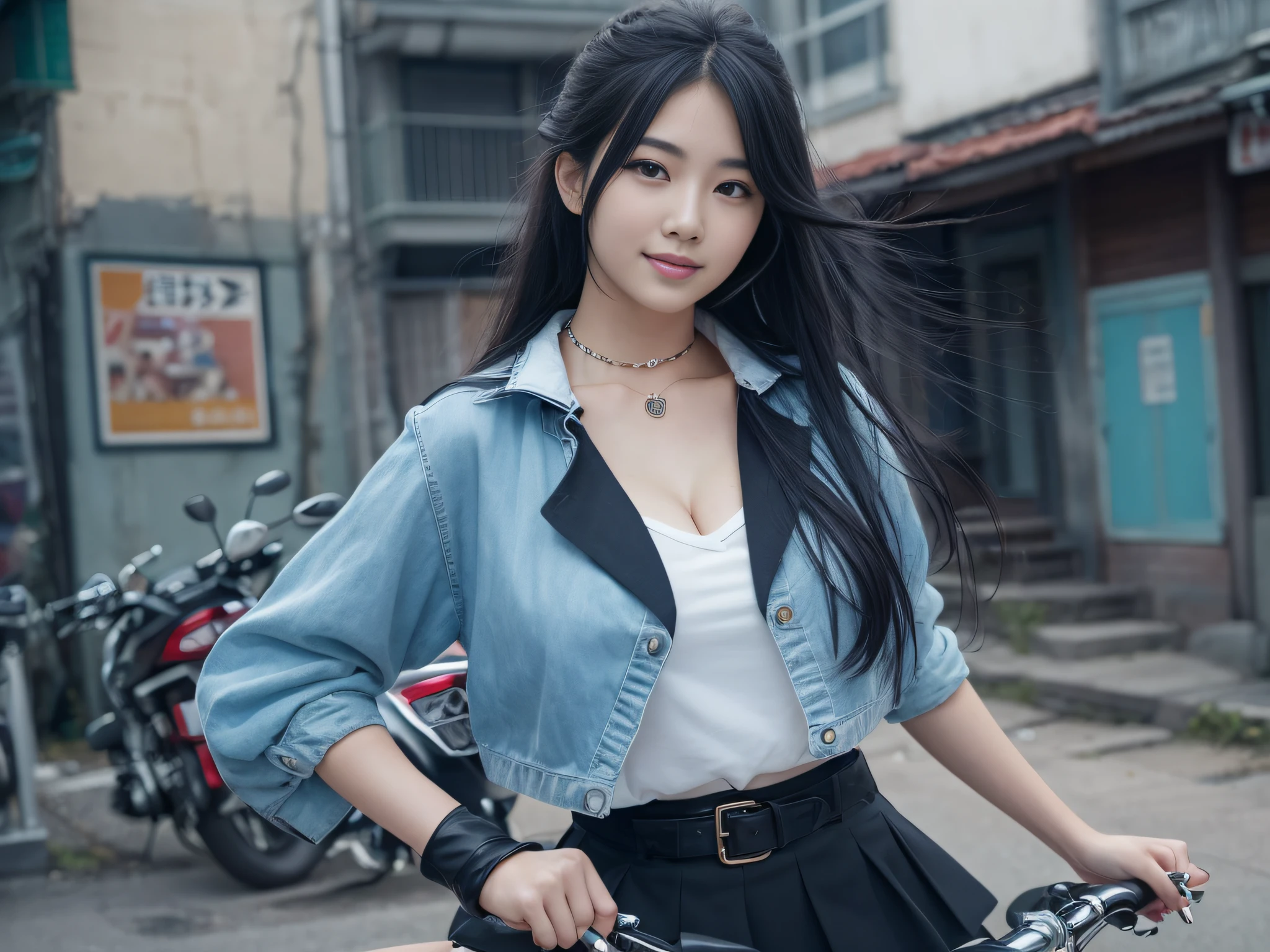 top-quality、超A high resolution、1人、Light blue sailor suit、a miniskirt,(huge-breasted:1.2)、Black boots, Riding a motorcycle, Long Black Hair,poneyTail, Photo, Residential area,Live action,japanes,独奏,Beautiful expression,Wearing black tights,beautiful smiling face,perfect body type,Black Choker,Live action,No logo,No letters,Wearing black stockings,cleavage of the breast,The wind seems to flip up my skirt