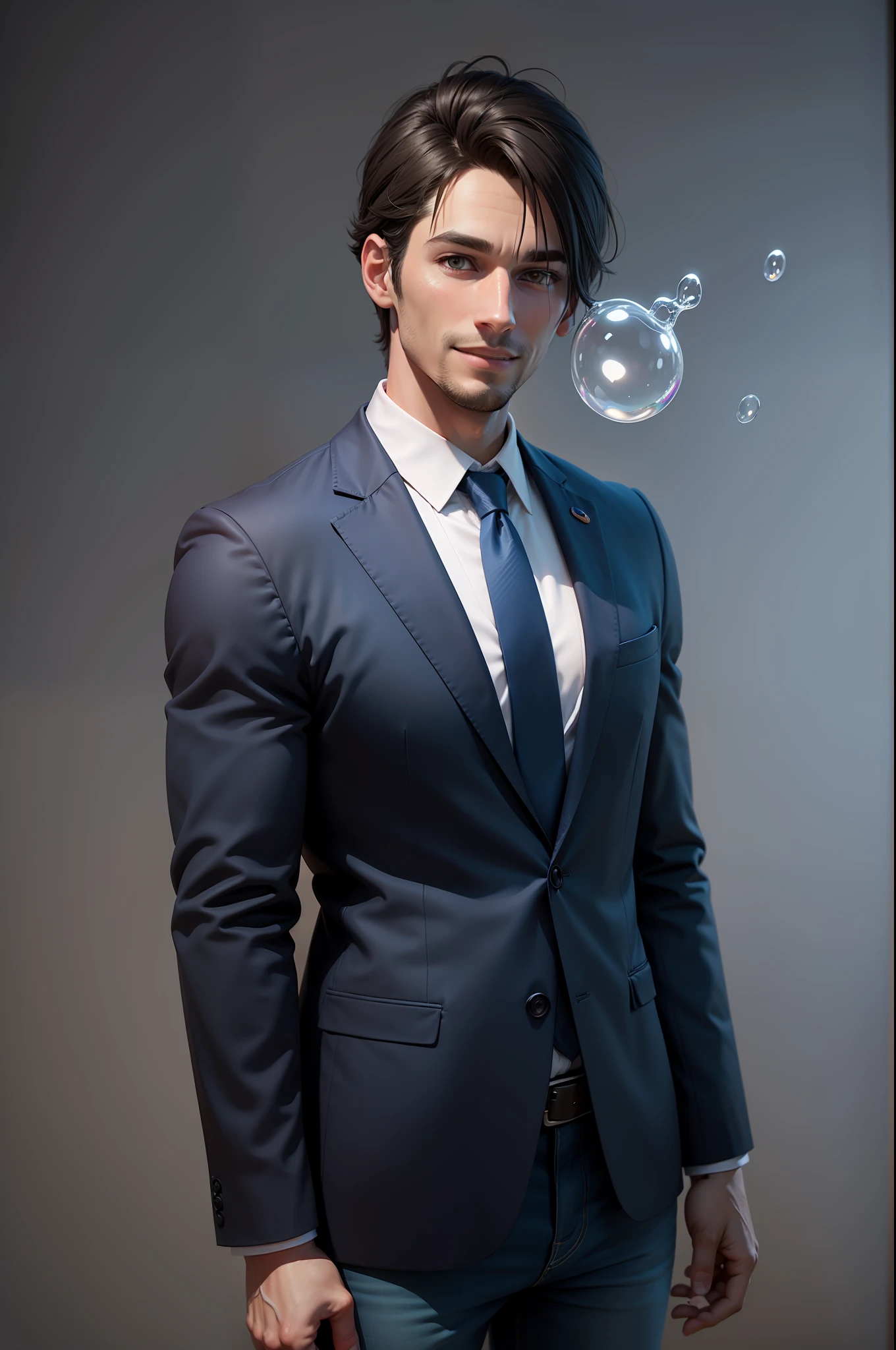 Super handsome 35 year old man, businessman, 3D character animation from Disney Pixar "(more realistic), bubble Matt style, short black hair, high nose, wearing a suit in deep navy blue business style, jeans, cigarette in left hand, smiling, looks young, frozen age, background clean minimalist, bust photo, three-dimensional gloss, model, fine gloss, clean background, 3d rendering, soft focus, soft focus, oc, blender, IP, good quality