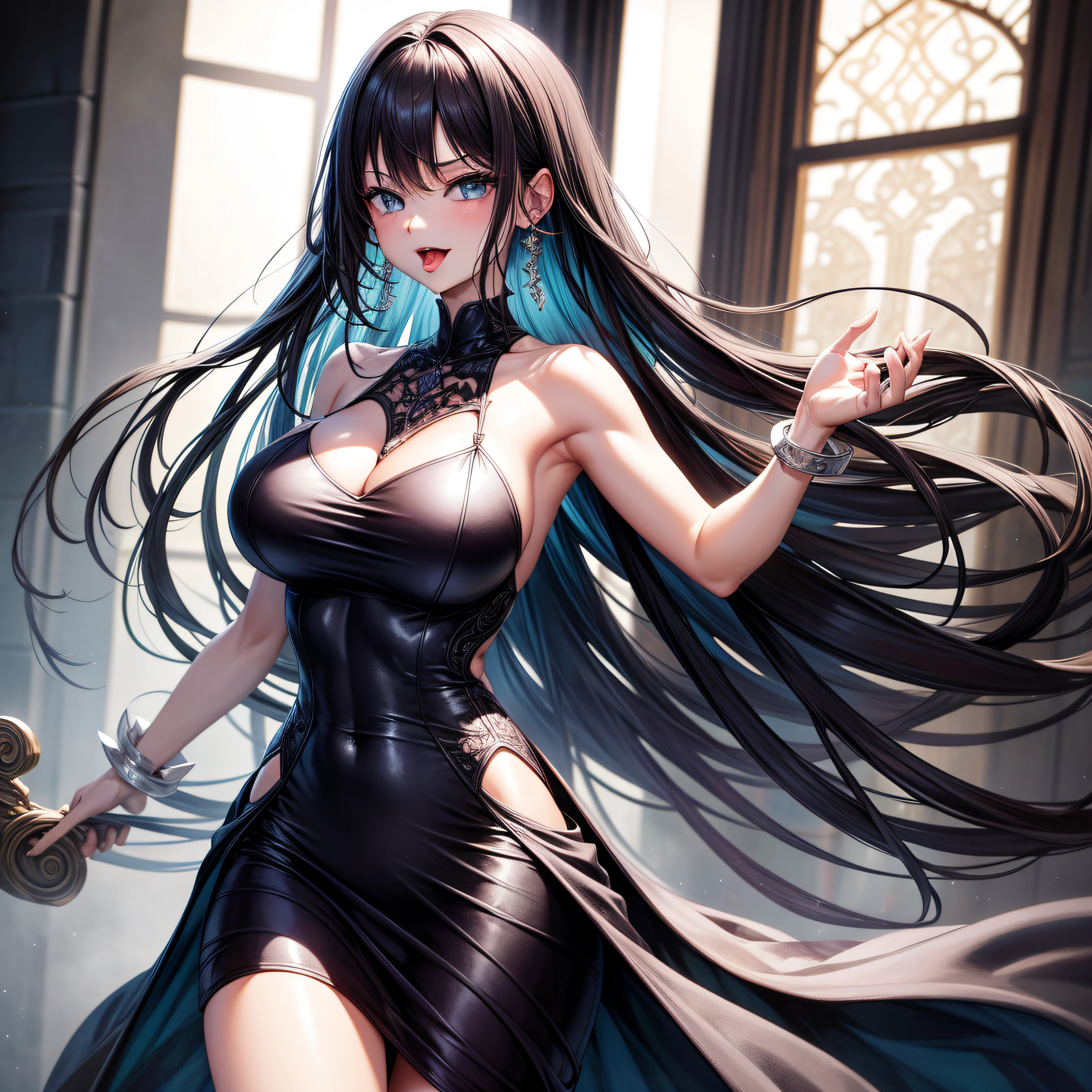 skinny body, huge big abs, tongue out, luxury dress
