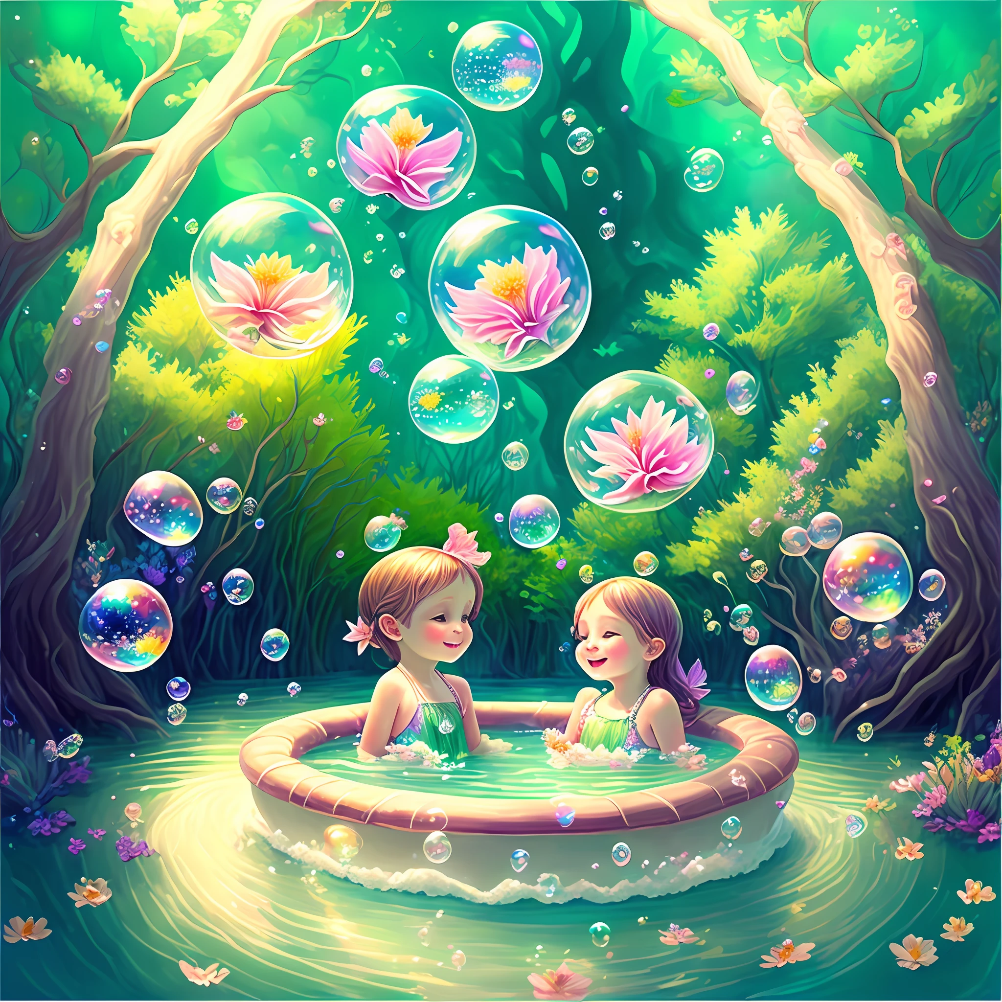 Fairies swim happily in the emerald green water, protected by seven colors of light, beautiful mysterious flowers and trees, colorful mermaids swim around, colorful soap bubbles scatter like bubbles in the water, and it becomes fun just to feel gentle and calm in your heart.