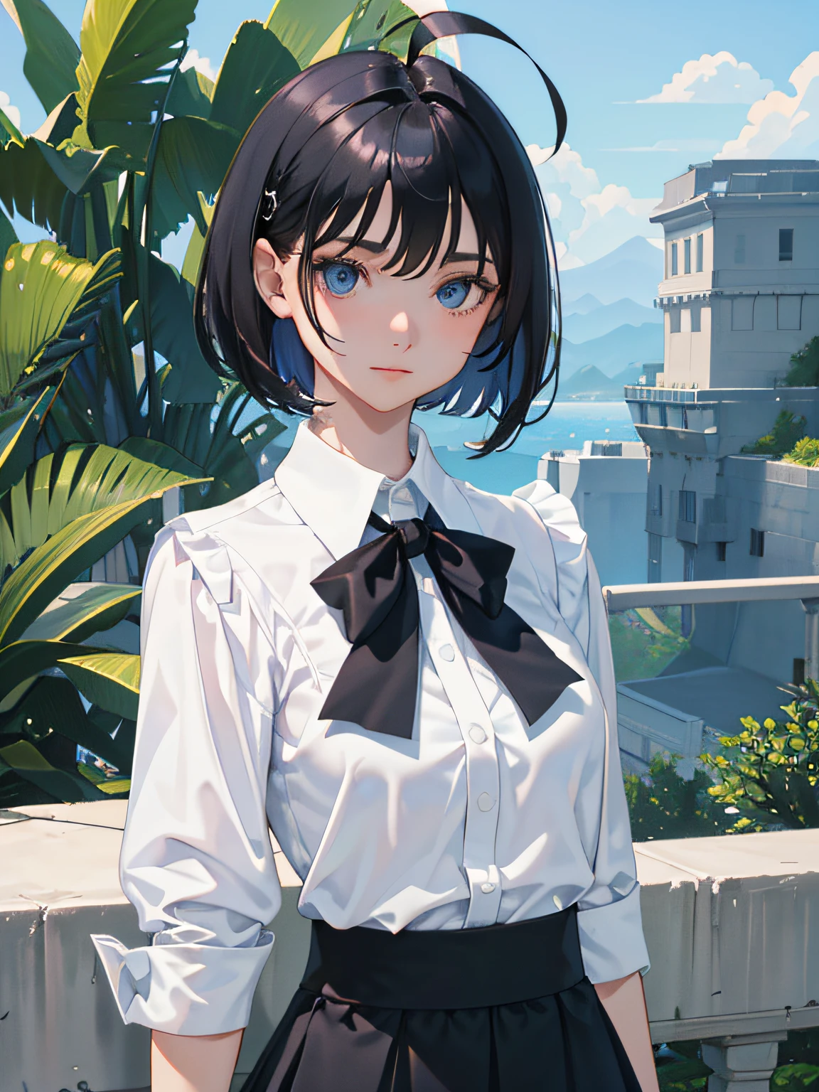 ((masterpiece, best quality)), (1girl), (solo), (female focus), (ahoge, black hair, short hair), blue eyes, ((white shirt), (buttoned shirt)), ((black skirt), (short skirt)), standing, college background, arms behind back,