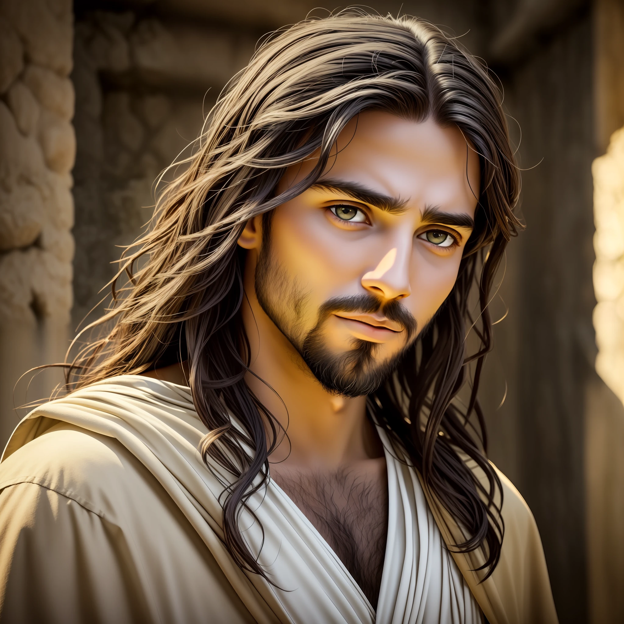 photo of Jesus, in biblical times Jesus, Photorealistic light environment, full face, looking at the Camera, calm eyes, serene and loving face, sweet look, is with lights in the background, The whole environment is clear, Photo by Busto --auto --s2