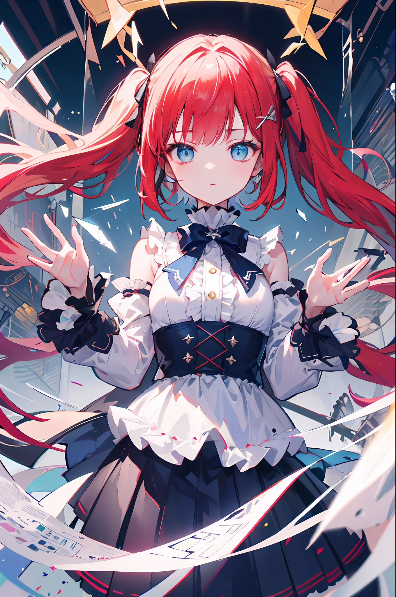 ((illustration)), ((floating hair)), ((chromatic aberration)), ((caustic)), lens flare, dynamic angle, ((portrait)), (1 girl), ((solo)), ((hidden hands)), asymmetrical bangs, (beautiful detailed eyes), ((huge clocks)), ((glass strips)), (floating glass fragments), ((colorful refraction)), (beautiful detailed sky), ((dark intense shadows)), ((cinematic lighting)), ((overexposure)), (expressionless), big top sleeves, ((frills)), hair_ornament, ribbons, bowties, (((small breast))), pleated skirt, ((sharp focus)), ((masterpiece)), (((best quality))), ((extremely detailed)), colorful, red hair,blue eyes,long hair,twintails,loli