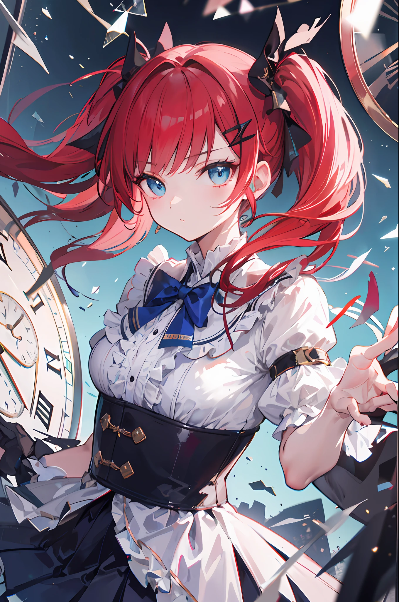 ((illustration)), ((floating hair)), ((chromatic aberration)), ((caustic)), lens flare, dynamic angle, ((portrait)), (1 girl), ((solo)), ((hidden hands)), asymmetrical bangs, (beautiful detailed eyes), ((huge clocks)), ((glass strips)), (floating glass fragments), ((colorful refraction)), (beautiful detailed sky), ((dark intense shadows)), ((cinematic lighting)), ((overexposure)), (expressionless), big top sleeves, ((frills)), hair_ornament, ribbons, bowties, (((small breast))), pleated skirt, ((sharp focus)), ((masterpiece)), (((best quality))), ((extremely detailed)), colorful, red hair,blue eyes,long hair,twintails,loli