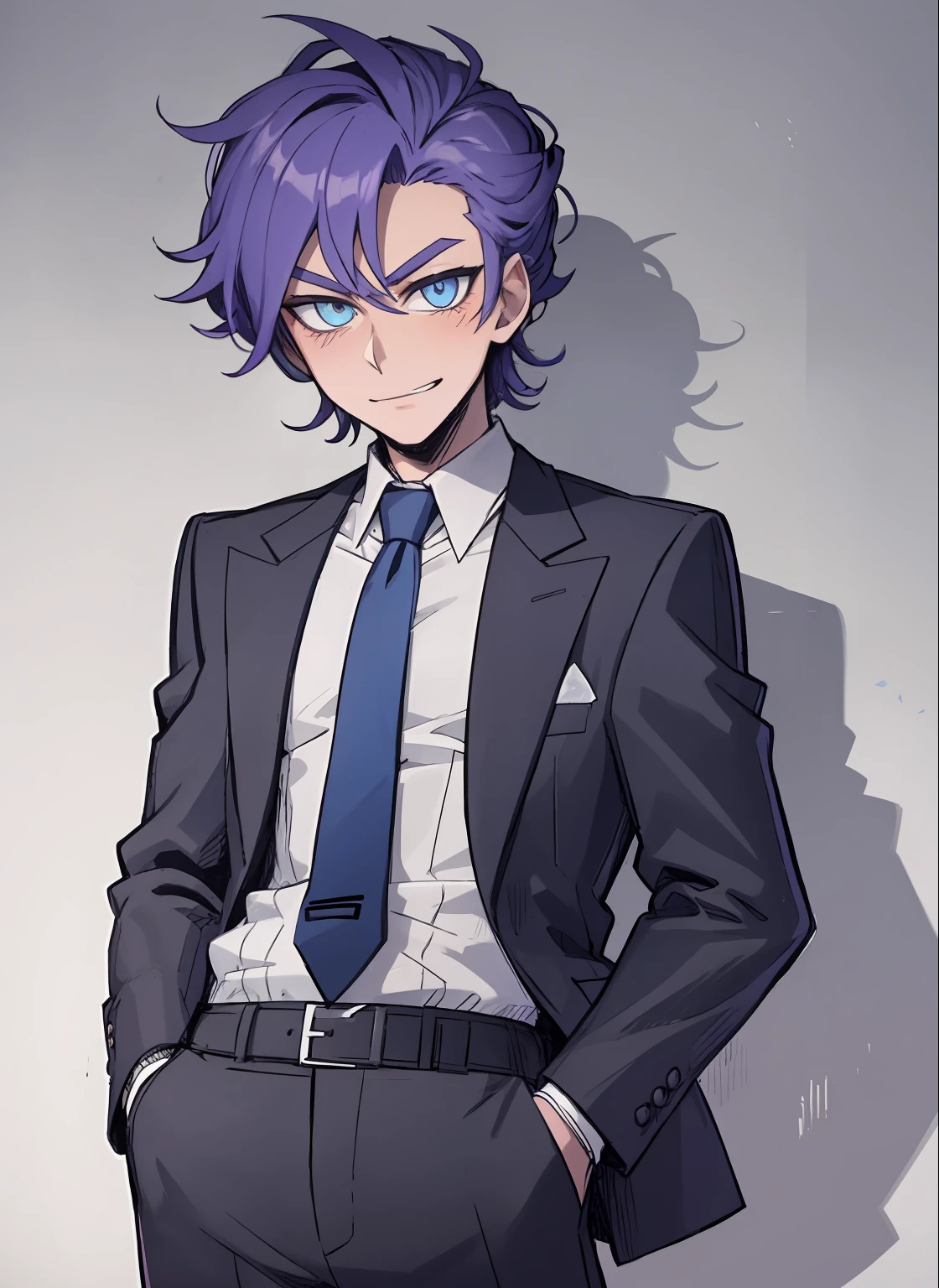 1. [A cute and smug 1boy with purple hair and heterochromia (yellow and blue eyes), wearing a blue suit with a necktie and long sleeves.]