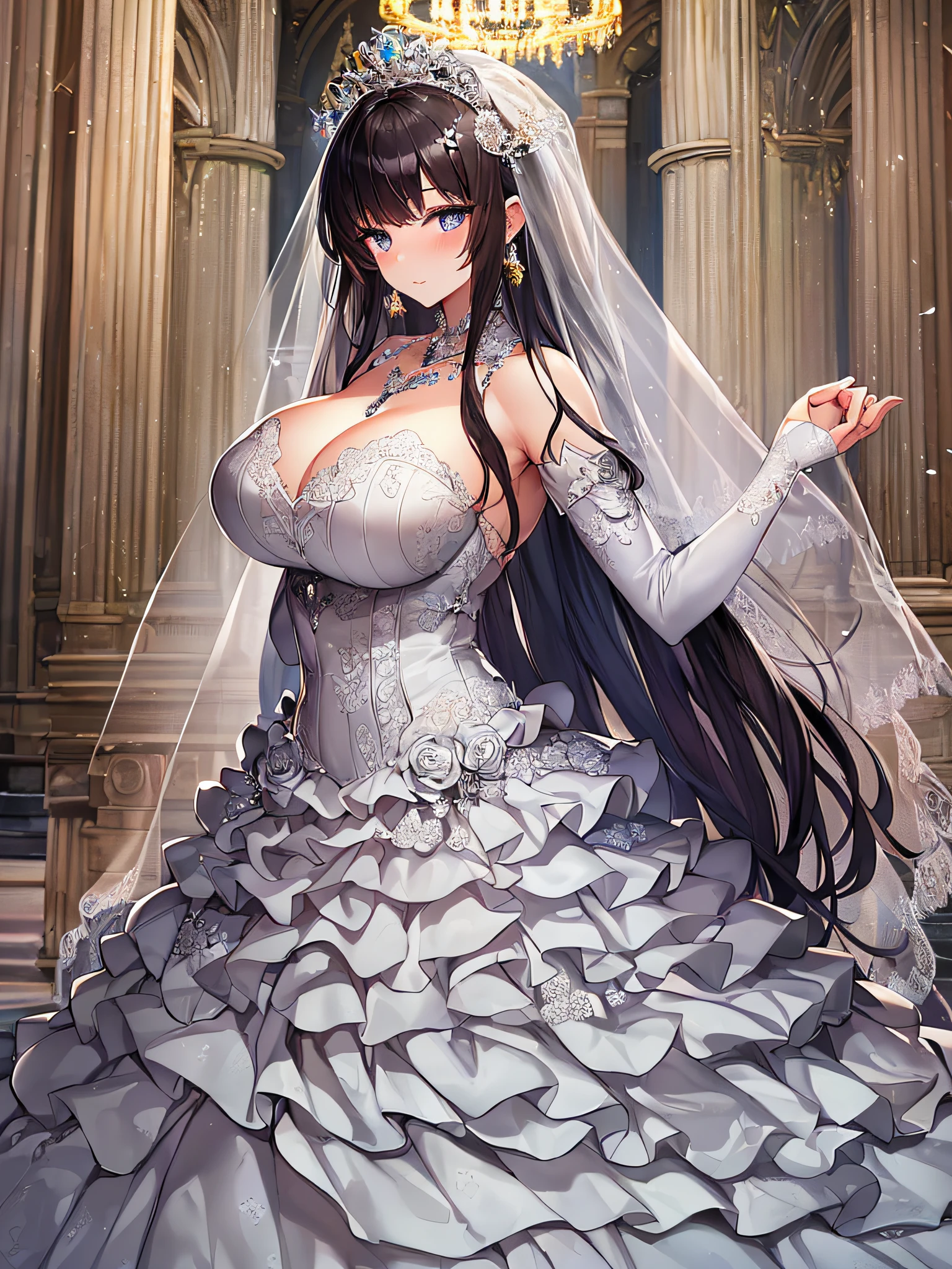((anime artstyle)),(Masterpiece),(Best Quality), (Super Detail),((Very Delicate and Beautiful)),Focus on character,Dynamic Angle,Looking at viewer,((Solo)),standing,((full body)),((one princess in gorgeousfull wedding dress with voluminous skirt)),((June bride)),detailed face and eyes,jewel-like eyes,((Very Long voluminous Hair)),gorgeous embroidery and lace,((gorgeous corsage)),See-through,(Gorgeous jewelry ornaments),luxury hair ornament,luxury tiara with jewels,ornate ruffles,((gigantic breasts,Long breasts)),indoor,church wedding,((full body)),hoop skirt,crinoline,very long gorgeousfull wedding veil,(((jeweled gorgeous embroidery wedding dress)))