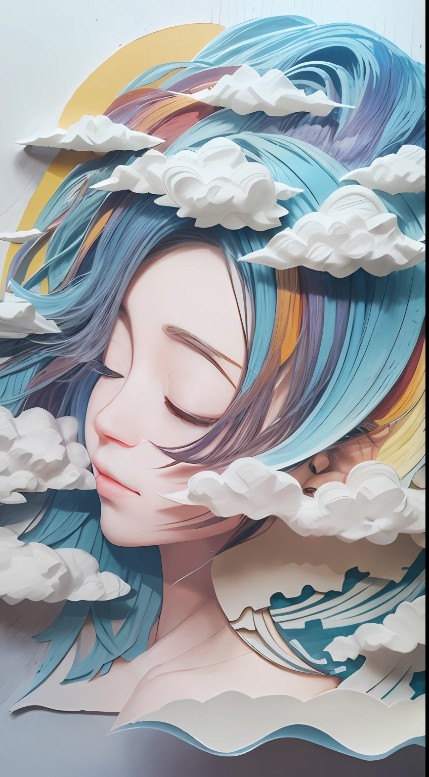 illustration: 1.3), paper art, 3D rendering of, the sky background, (Beautiful side face，closing her eyes: 1.3), (Masterpiece Cloud 1.2) ,Masterpiece Sun Colorful, Best quality, Detailed details, Masterpiece, offcial art, movie light effect, 4K, Chiaroscuro , sumi