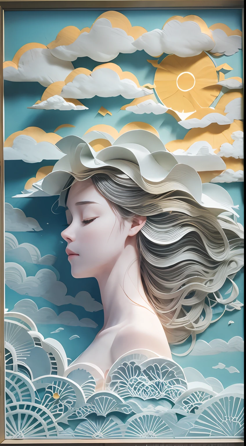 illustration: 1.3), paper art, 3D rendering of, the sky background, (Beautiful side face,closing her eyes: 1.3), (Masterpiece Cloud 1.2) ,Masterpiece Sun Colorful, Best quality, Detailed details, Masterpiece, offcial art, movie light effect, 4K, Chiaroscuro , sumi
