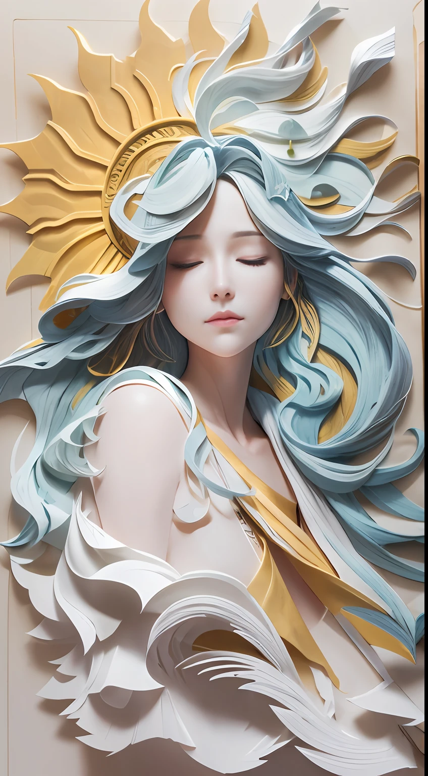 illustration: 1.3), paper art, 3D rendering of, the sky background, (Beautiful side face,closing her eyes: 1.3), (Masterpiece Cloud 1.2) ,Masterpiece Sun Colorful, Best quality, Detailed details, Masterpiece, offcial art, movie light effect, 4K, Chiaroscuro , sumi
