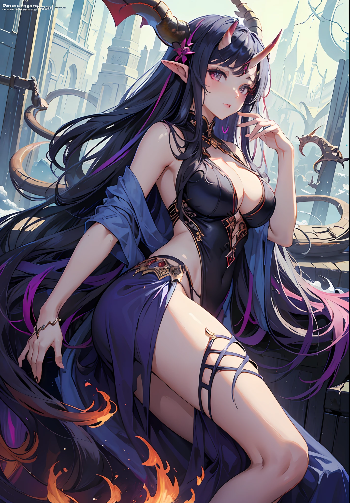 (masterpiece, top quality, best quality, official art, beautiful and aesthetic:1.2), Extreme detailed, 2 Sexy Demon, 1 girl, large breasts,, (very long horns:1.6), flames around, glowing body, sexy, sexy body, Colorful, Highest detailed, Cold light,