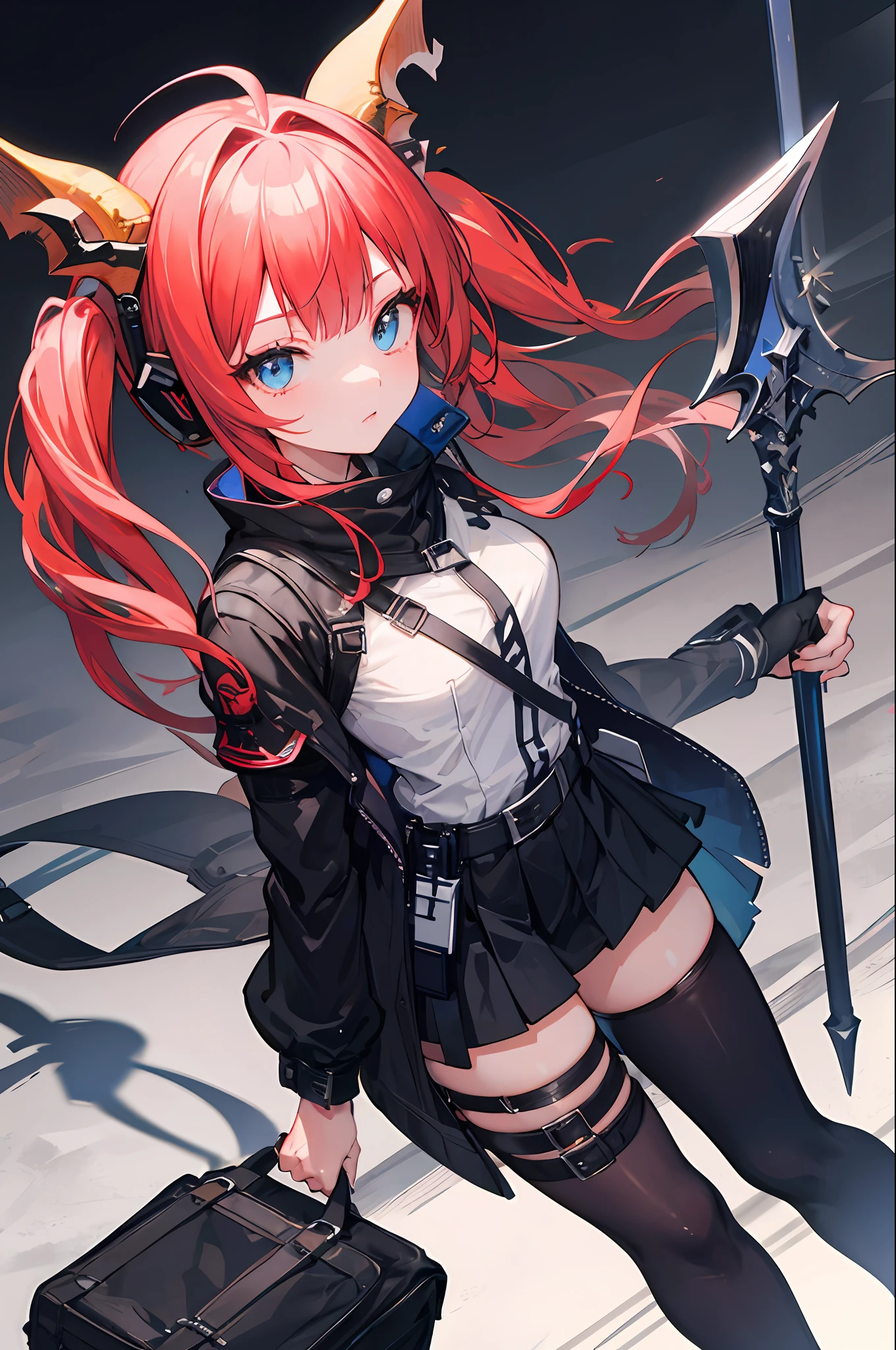 [(ultra-detailed),(best shadow),classic,(cinematic lighting),dynamic angle,(finely detail)],red_hair,long hair,hair over ears,Fill flash,black stockings,black thighhighs,Black baggy coat , microskirt,1girl,Gloom ,(extremely detailed eyes and face),solo,thigh strap,ankle_lace-up,belt,ruins,style of arknights,(blue eyes,),bishoujo,polearm,Loli,twintails,Dragon horns