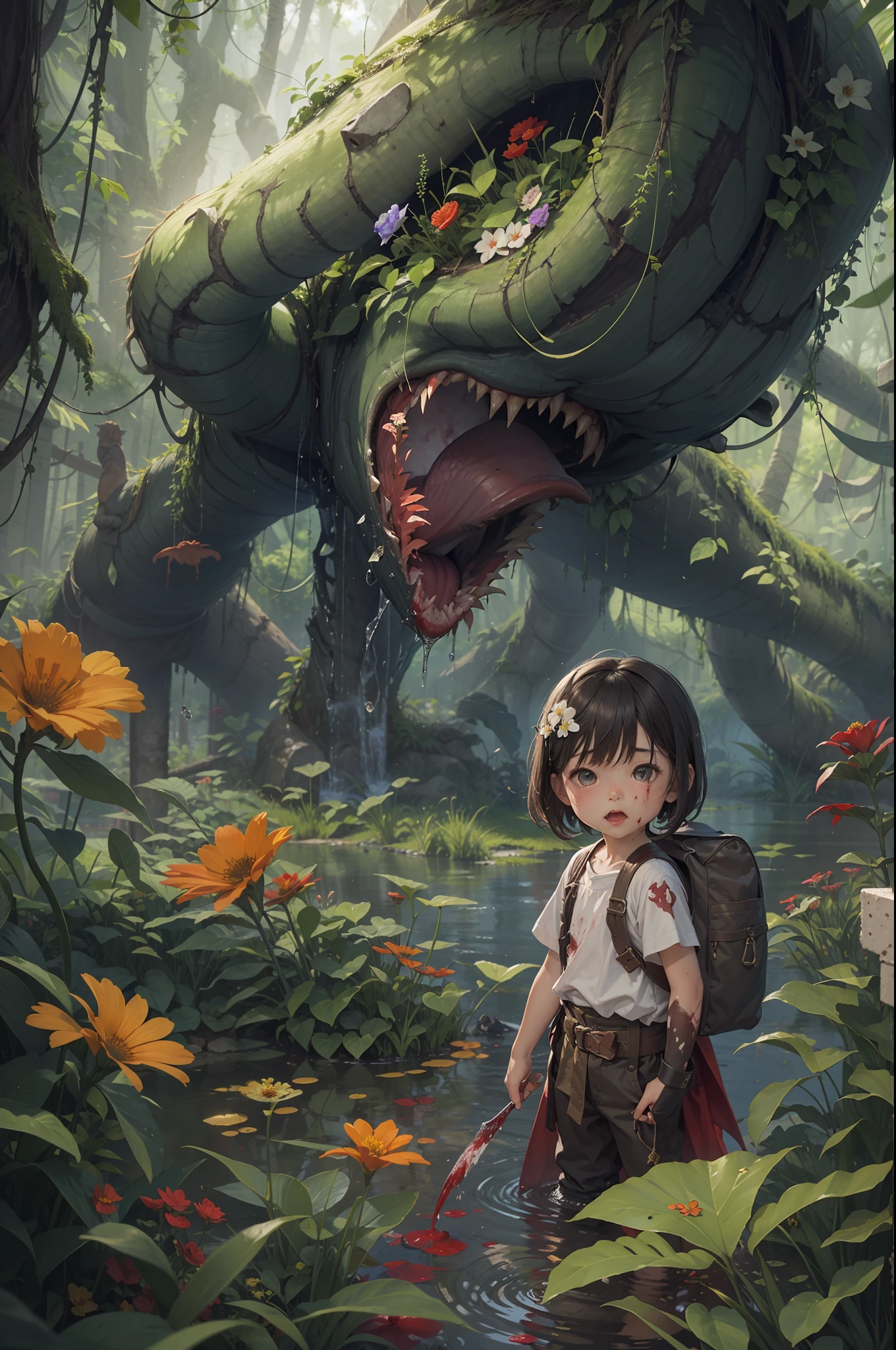 tmasterpiece，Best quality at best，Dense jungle，Rough and damp trees，Huge thick vine，weeds，florals，water puddles，marshes，（（5-year-old child adventurer standing in front of a huge man-eating flower）），（（（Piranha））），adventurer clothing，brutal，bloodthirsty，attacking，bloods，heavy bleeding，super-fine，Works of masters，high qulity，8K分辨率，depth of fields，电影灯光，Epic shooting