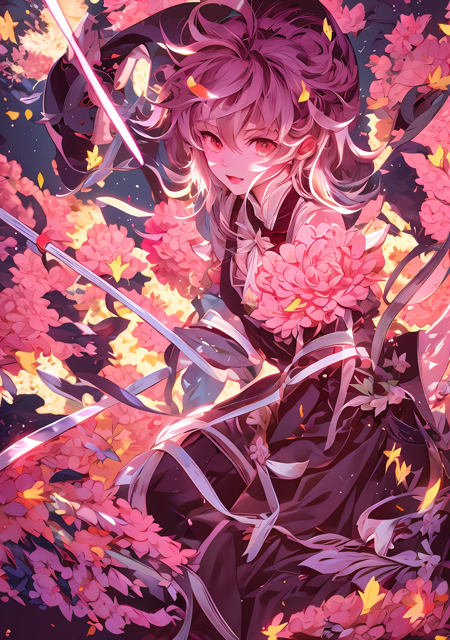 anime girl in pink dress with wings flying in the air, from touhou, digital art on pixiv, demon slayer rui fanart, ufotable art style, soft anime illustration, anime style illustration, portrait of magical girl, digital anime illustration, anime illustration, zerochan art, clean detailed anime art, dreamy psychedelic anime, beautiful anime artwork, anime styled digital art,masterpiece, best quality, (extremely detailed CG unity 8k wallpaper), (best quality), (best illustration), (best shadow), absurdres, realistic lighting, (Abyss), beautiful detailed glow