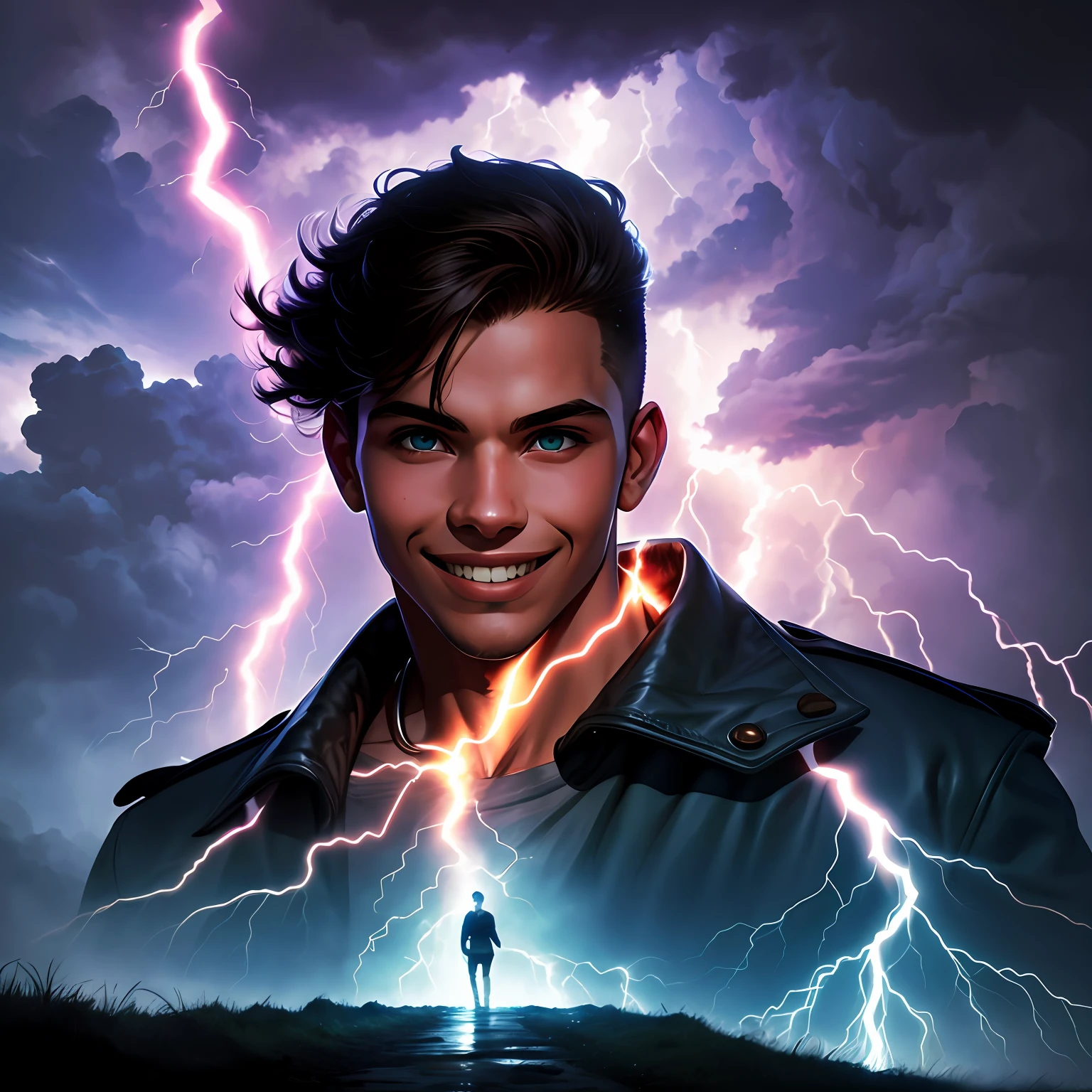 The image shows a young man coming out of a storm with lightning and thunder, mas em seu rosto, There's a resilient smile. --auto