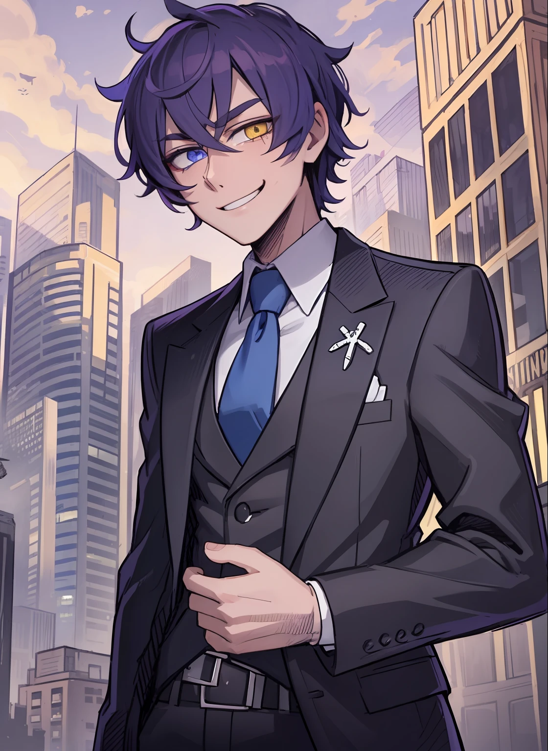 1boy, eye focus, yellow eyes, blue eyes, heterochromia, purple hair, cute, smug, smile, blue suit, necktie, long sleeves