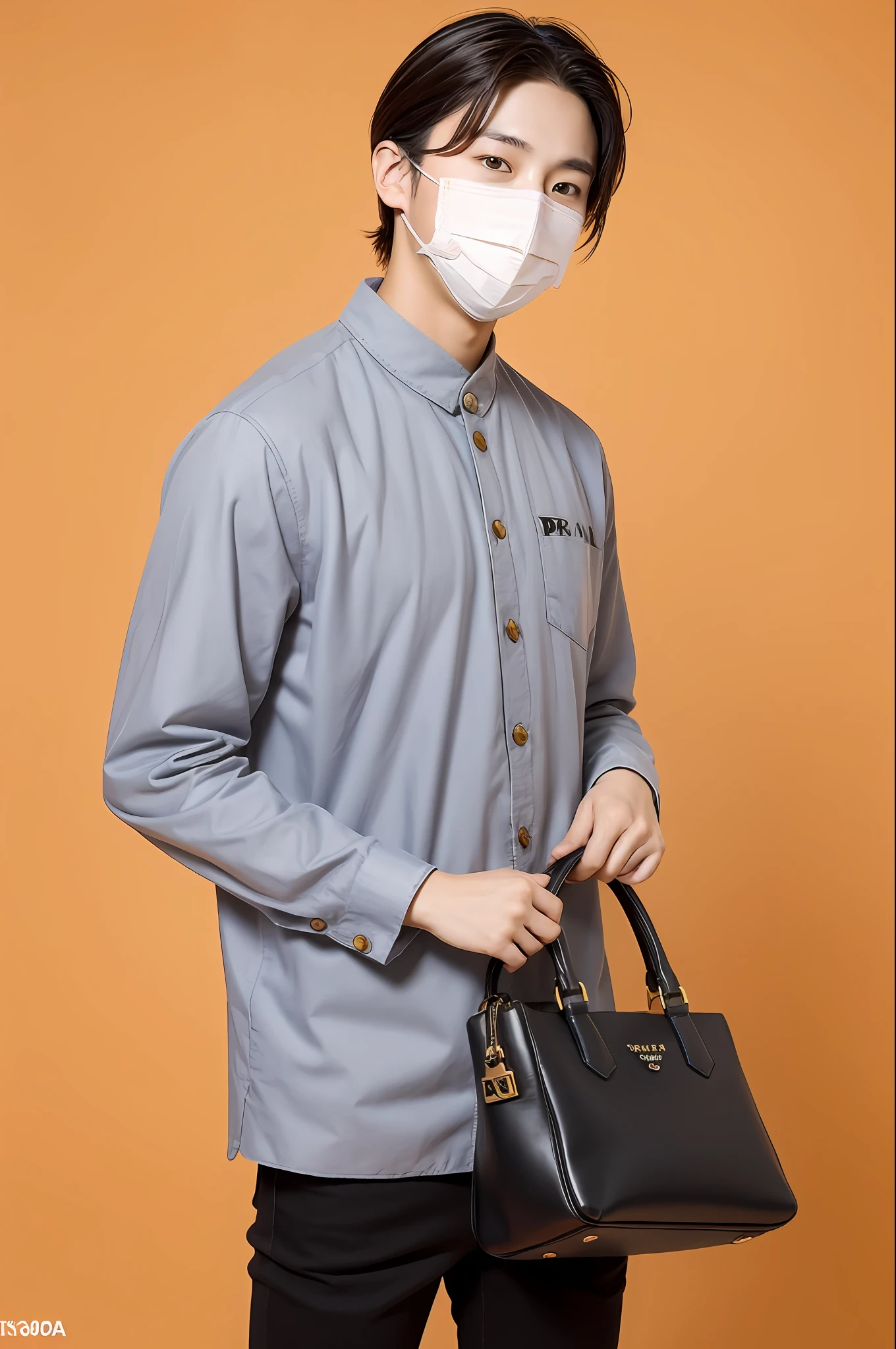 A Korean boy wearing mask using Prada handbag posing for photo, orange background, full body,jungkook, jungkook taeyang Jimim 1 boy, 1 man, Korean male man, Korean male alone alone, solo, alone