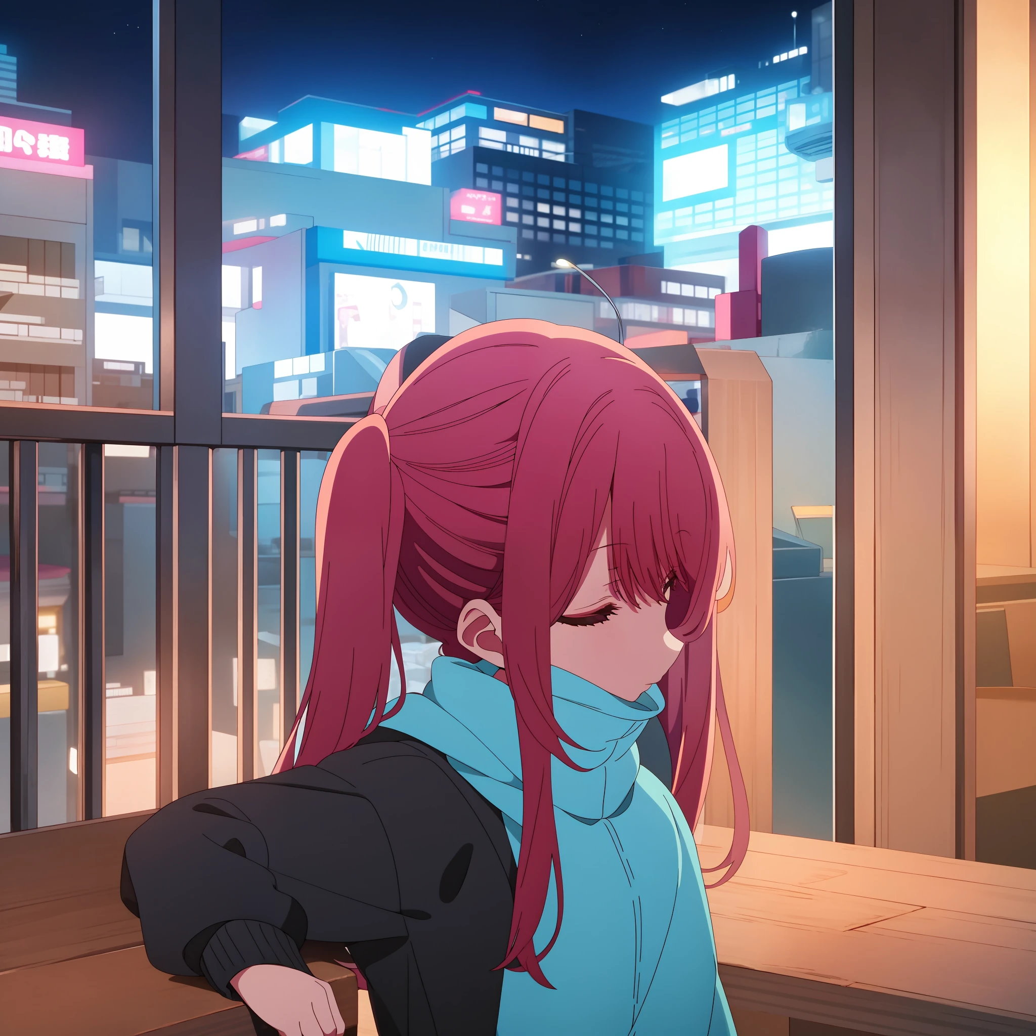 Masterpiece, red hair, 1girl, pigtails, night, sleepy
