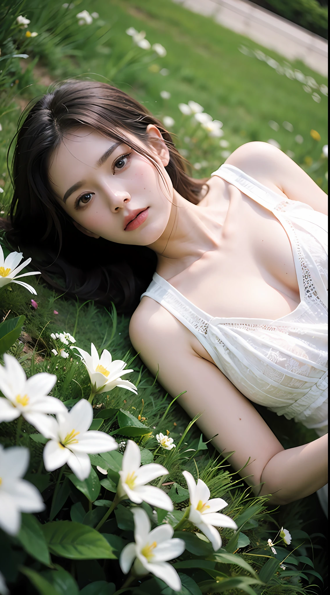 Sad theme , (best quality, masterpiece:1.2), 18yo beautiful girl in garden,pale white skin,(Ukrainians:Russian:0.5),deep cleavage white dress, large breast, lying on back on the green lawn, (white flowers mess in background:1.3),low angle shot, shoot the (high detailed skin:1.2), 8k uhd, dslr, low key, high quality, film grain, Fujifilm XT3, lighting glow effect,no retouching,raw photo realistic, skin texture is very detail ,no makeup,