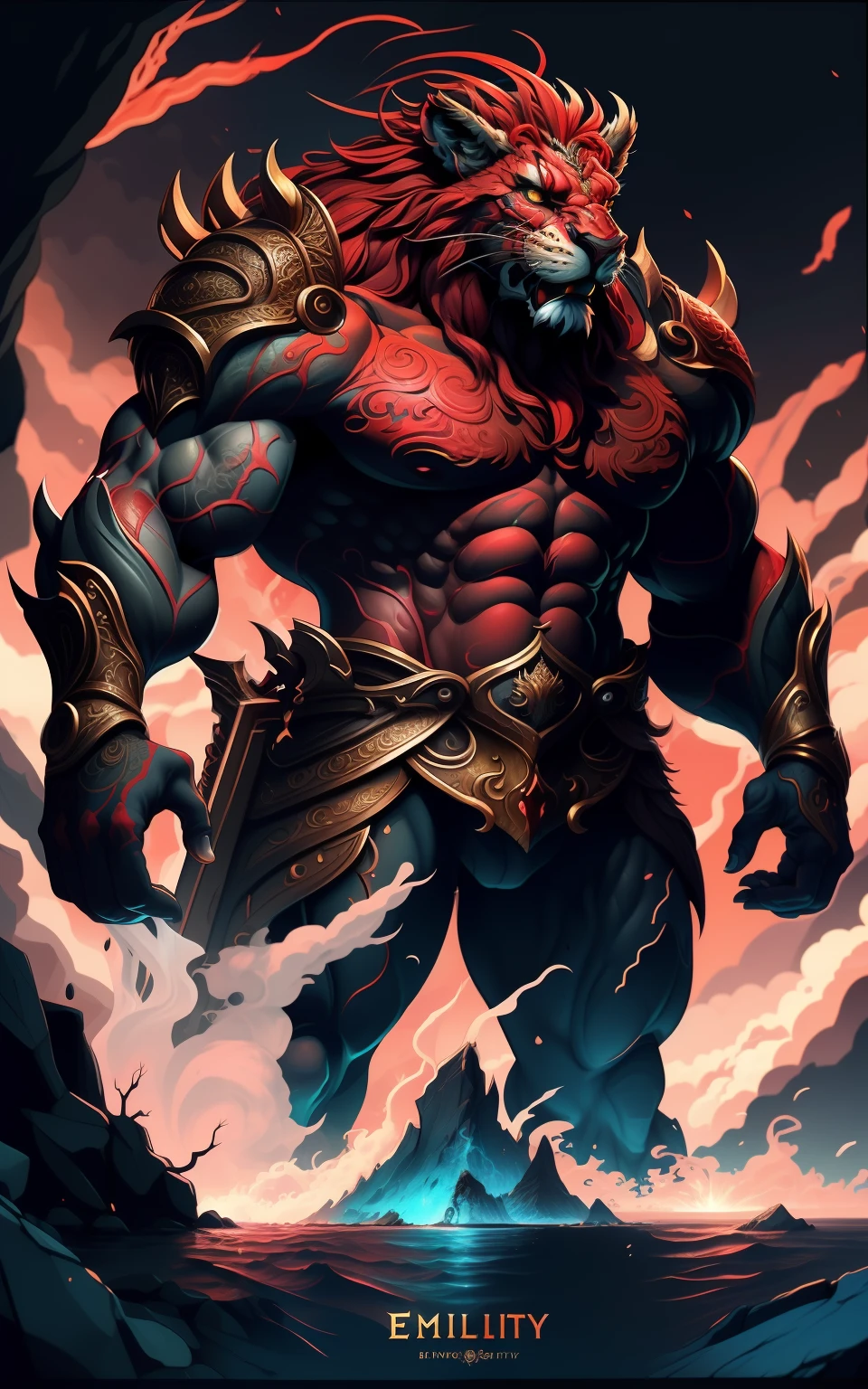 highly detailed fantasy art,Personification of 1 red lion,Ultra-burly body,highly details eye,pretty eyes,Detailed beautiful face,The body of the animal、furred、musculature、Intricate openwork pattern armor,Thick wild hair,Fantasy setting,Full body standing painting,dynamicposes,white backgrounid,2D character concept,character art,Character portrait,tmasterpiece,best qualtiy,Best resolution,Strong visual impact,8K