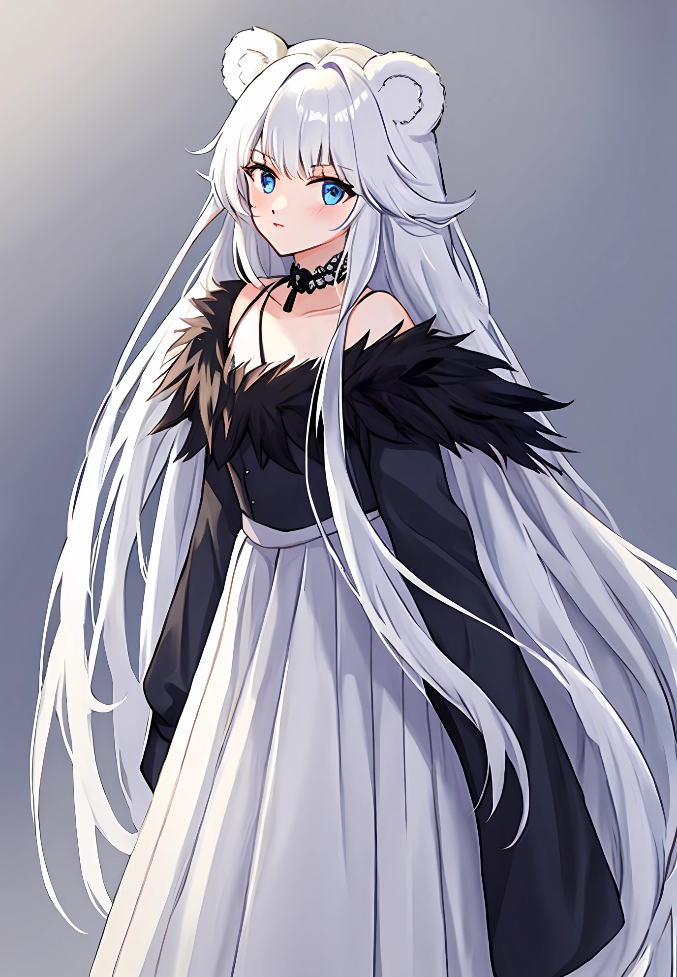 Long white hair，blueneyes，Bear ears，black cloaths