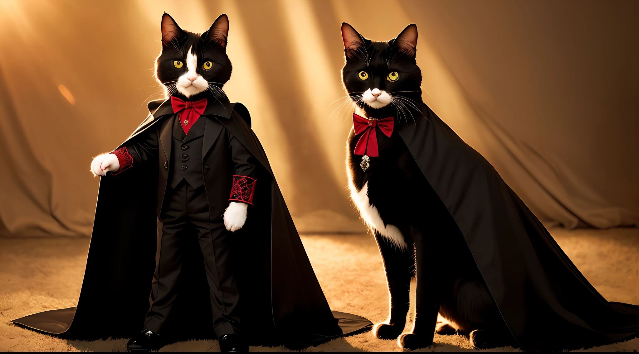 (Cinematic photo: 1. 3), portrait of a vampire cat dressed as a count, ((full body)) directional look, cinematic composition, (intricately detailed, fine details, hyperdetailed), ultra-detailed, (backlight:1. 2) intricate, style-empire