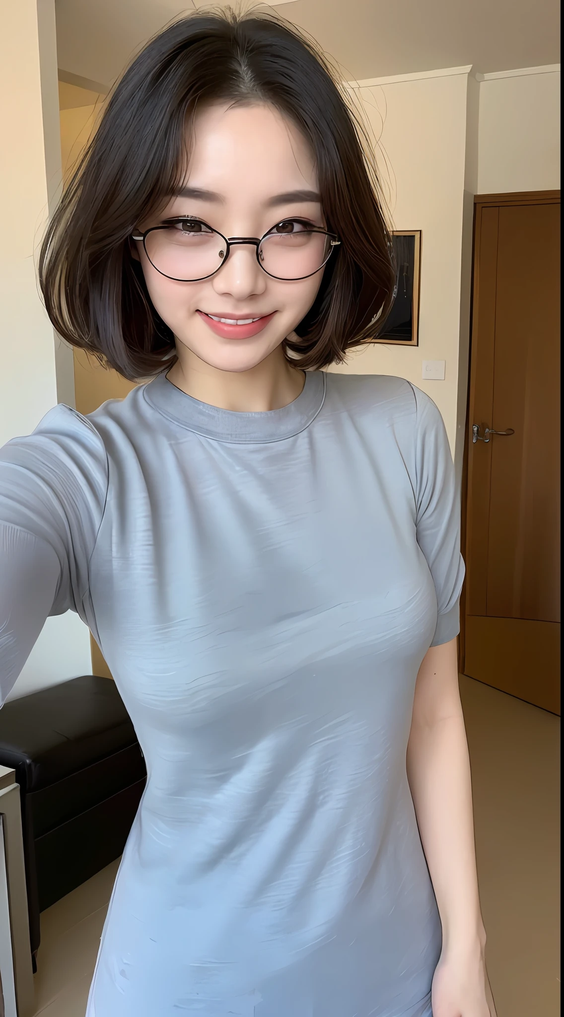 ((Best Picture Quality, 8k, tmasterpiece:1.3)), 1girl, Beautiful woman with slender abs:1.3, (Casual hairstyle, No chest leakage, shift dresses:1.1, Ultra-fine face, A detailed eye, 二重まぶた,ssmile,Home,wearing black glasses
