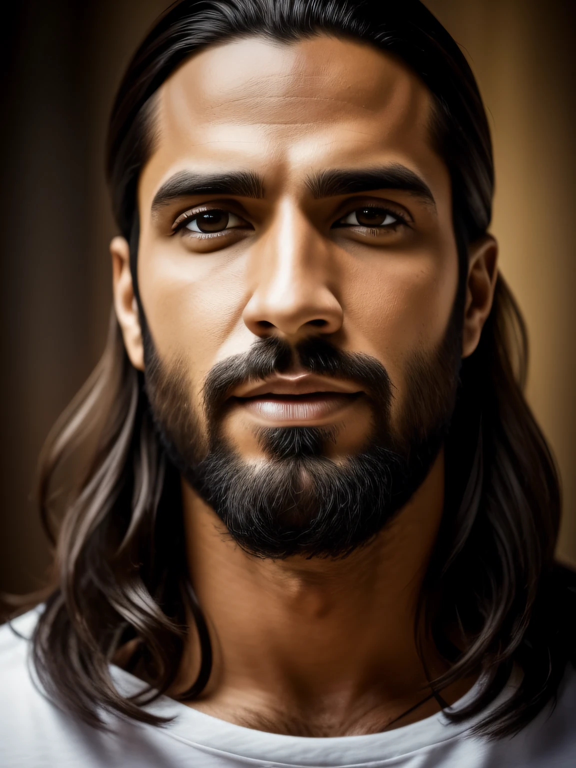 Retrato de Jesus Cristo, Beautiful man with fine features, Ultra-realistic skin with expression marks, olhos castanhos esverdeados, cabelo comprido castanho, com barba, serious countenance, com um leve sorriso e olhar marcante, vestido com xale branco, olhando para frente, 8k, ultra realista, soft cinematic lighting, dramatic light, profundidade de campo, papel de parede, hiperdetalhado, fotorrealista, hiper-realismo, hdr, uhd, Complex background in Catholic Church, pintura religiosa de Jesus Cristo, semblante de Jesus Cristo, foto de Jesus.
