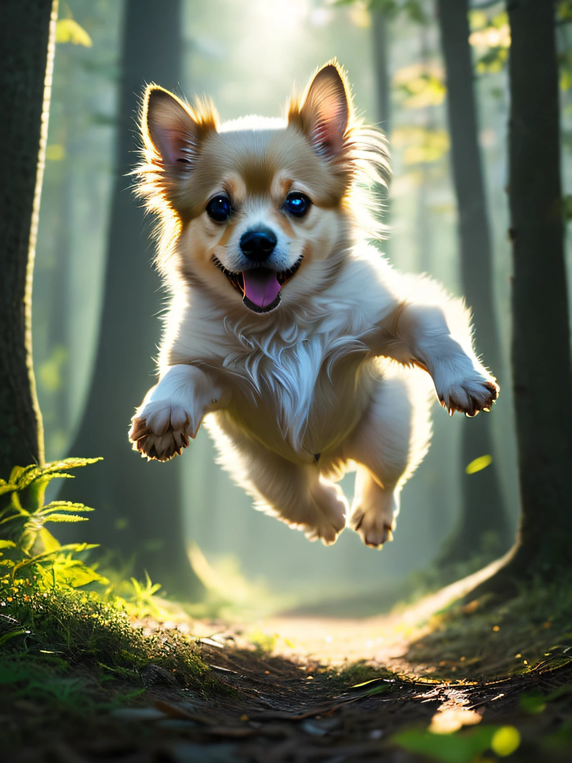 Close-up of a very cute jumping puppy in the forest, soft volumetric light, (backlight: 1.3), (movie: 1.2), intricate details, (ArtStation: 1.3), Rutkowski
