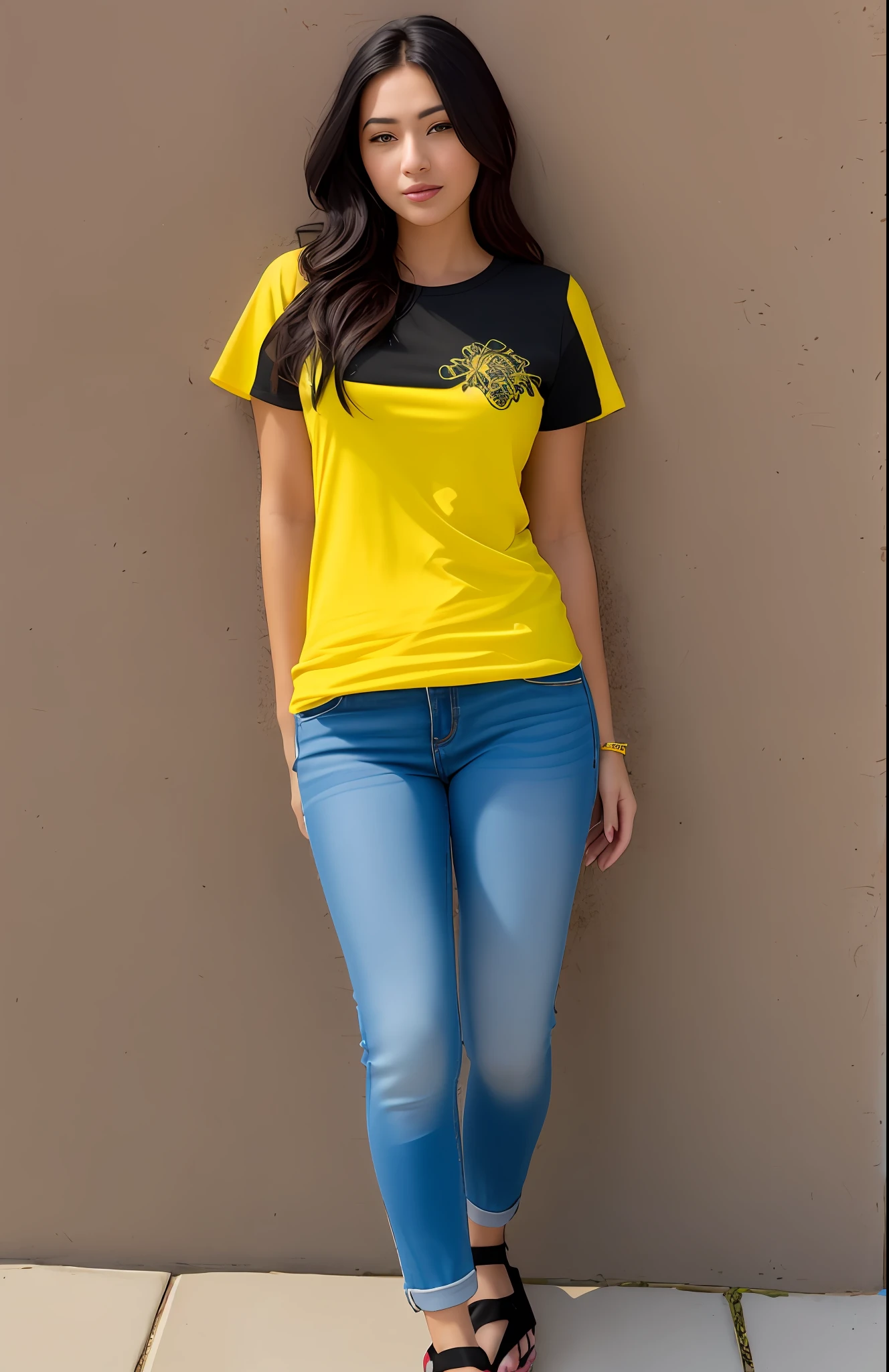 stunning intricate full color portrait, epic character composition, sharp focus, natural lighting, subsurface scattering, f2, 35mm, film grain, btpt-fc, Black round neck plain Tee-shirt, dark gray tight jeans, perfect thighs, full body images, full length tee-shirt, midriff, 1girl, detailed face, hanging laterns, illustrated, beautiful feets in black chappal,