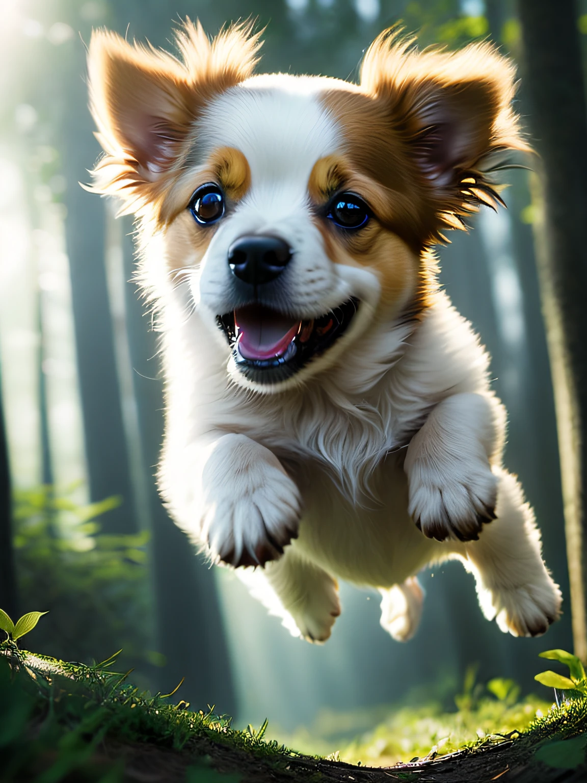 Close-up of a very cute jumping puppy in the forest, soft volumetric light, (backlight: 1.3), (movie: 1.2), intricate details, (ArtStation: 1.3), Rutkowski