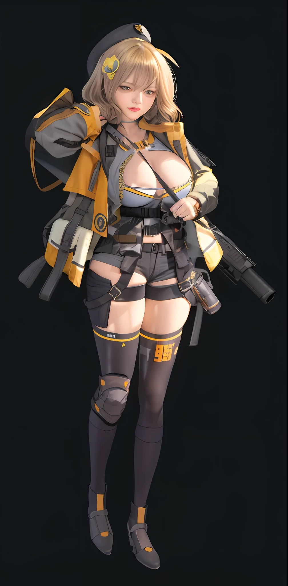 A hyper-realistic、ultra-detailliert、top-quality、hight resolution、goddess of Japan、Hat and yellow hair ornament、Woman in military uniform with gun and backpack, K-Cup Big、Fine details、Wear fingerless gloves on your right hand、Touching the shoulder belt under the chin、Equipped with a supporter on the right knee