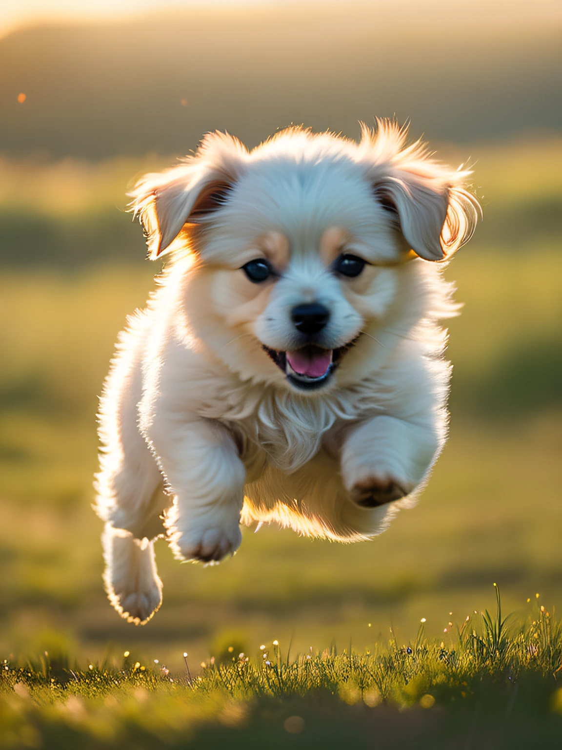 Close-up photo of a very cute jumping puppy on the prairie，Soft volumetric light，（The light from the back window is backlighted：1.3），（cinematic ligh：1.2），Complicated details，（ArtStation：1.3），Rutkowski