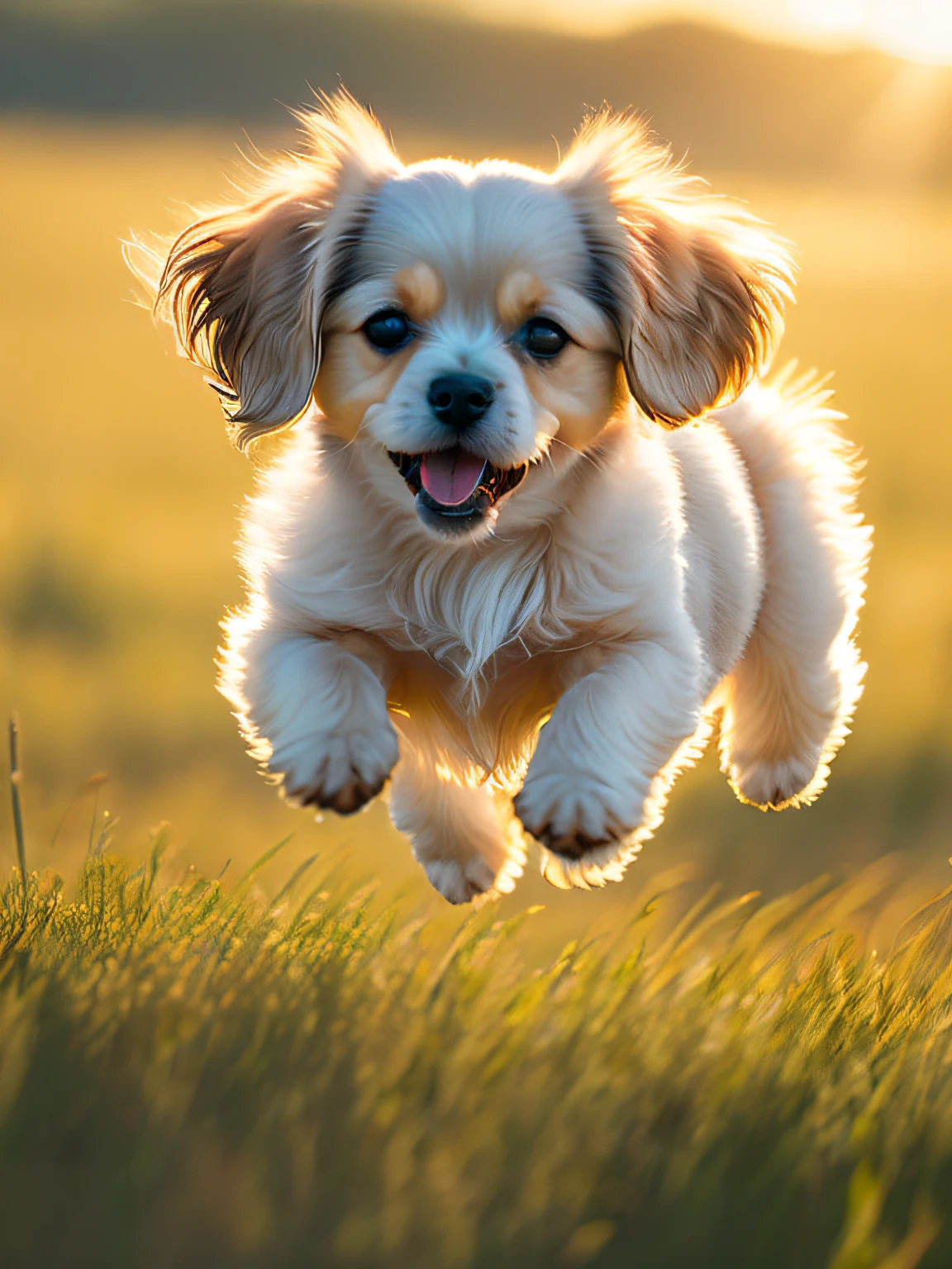 Close-up photo of a very cute jumping puppy on the prairie,Soft volumetric light,(The light from the back window is backlighted:1.3),(cinematic ligh:1.2),Complicated details,(ArtStation:1.3),Rutkowski