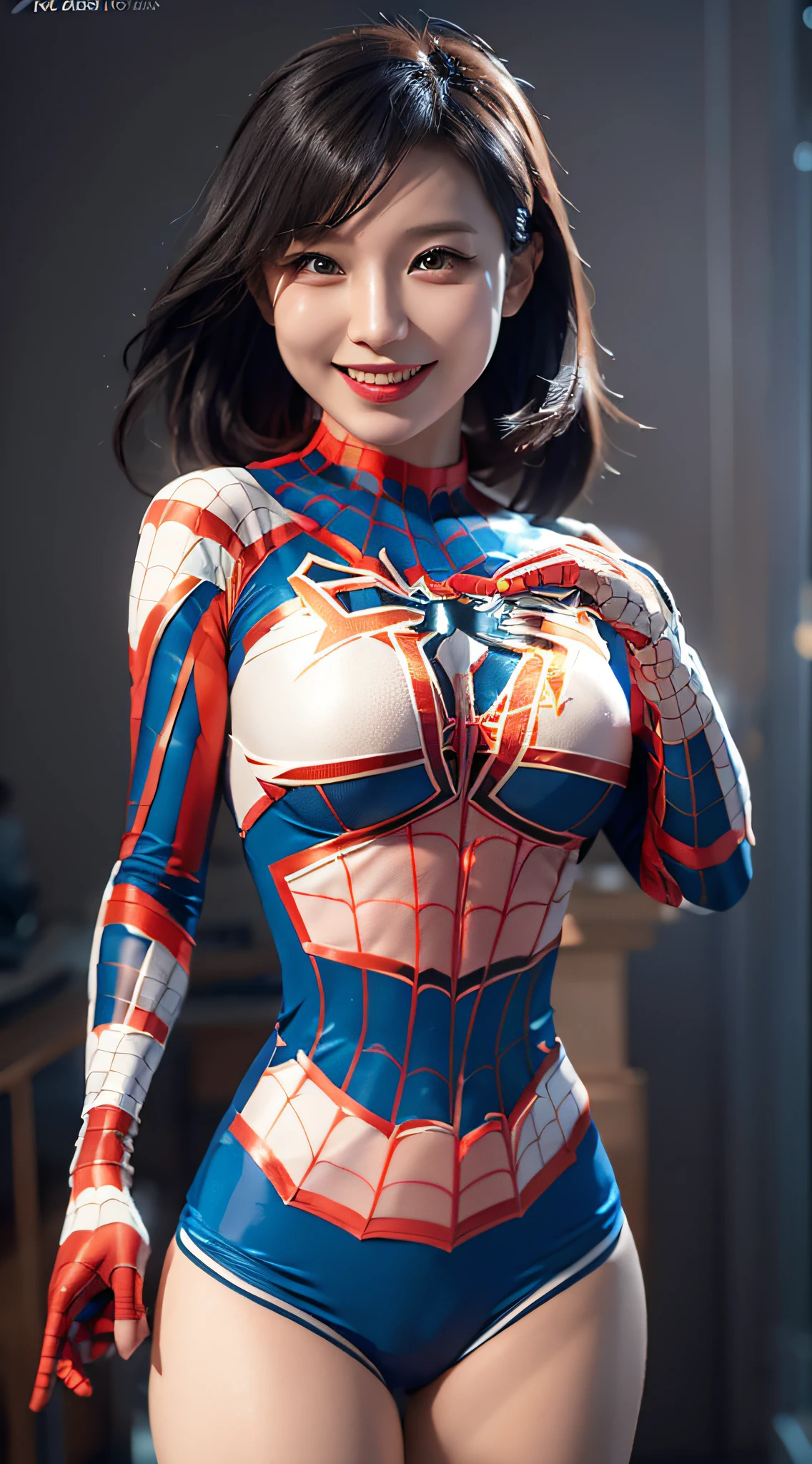 A beautiful Asian woman in a Spiderman costume, rendered in a cartoonish style with Unreal Engine 5, her eyes sparkling with mischief and her lips curved in a mischievous smile.