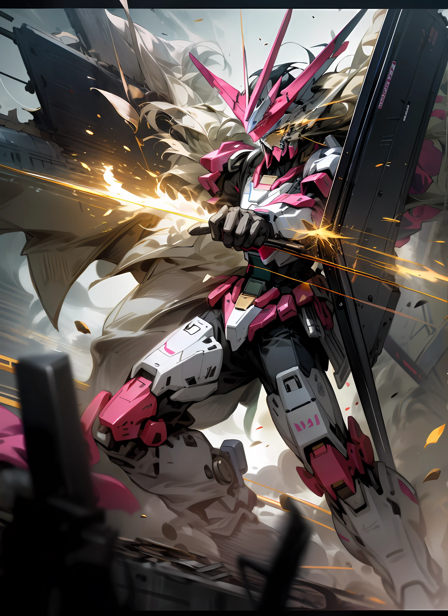 In urban battles,The pink Gundam stands majestically,
A bulky machine,
Its pink armor glistens against the backdrop of a ruined city,
Embodies a feeling of strength and tension。
The atmosphere was tense and chaotic,
The air is filled with tobacco and goods
Explosions and gunfire echoed in the distance。
The camera used is the professional Canon EOS-1DX Mark II,
With Canon EF 24-70mm f/2.8L II USM lens
and high-speed sync flash。
Photographers use high raster speeds
Stop the action of the battle
and large iris to create shallow depth of field。
—c 10 —ar 2:3
