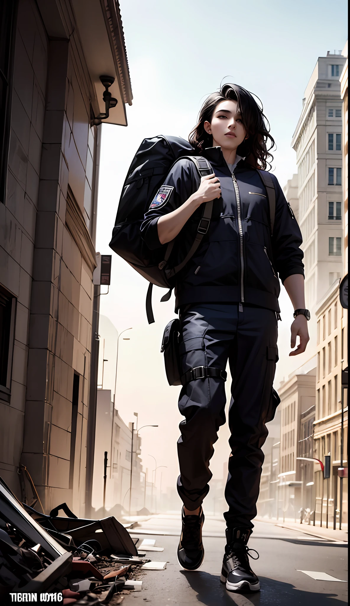 masterpiece, top quality, best quality, official art, beautiful and aesthetic:1.2), teen man, young man, man of 16, extreme detailed, colorful,highest detailed, black hair, long hair, wavy hair, black eyes, big city, destroyed city, zombies around, backpack, wind, protective clothing, apocalypse, zombie apocalypse, tech wear, full body, standing, muscular