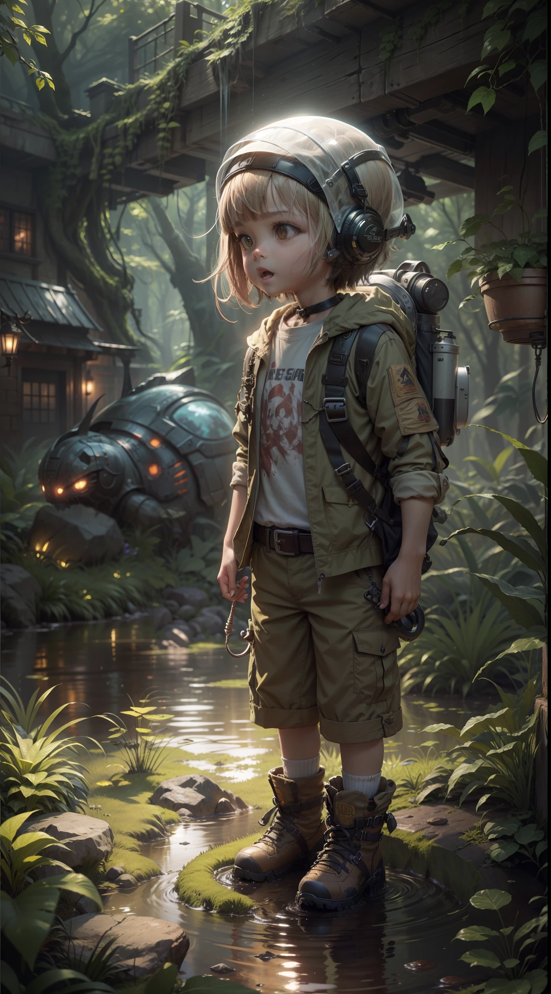 Dense jungle，Rough and damp trees，Huge thick vine，weeds，water puddles，marshes，Piranha，（（A 5-year-old child stands in front of a huge alien spaceship）），（（cute kid，both sexes，，Very short）），Thick hammer，Jump into the air to hit，Dungeon game style，adventurer clothing，brutal，bloodthirsty，attacking，bloods，heavy bleeding，super-fine，Works of masters，high qulity，8K分辨率，depth of fields，电影灯光，Epic shooting