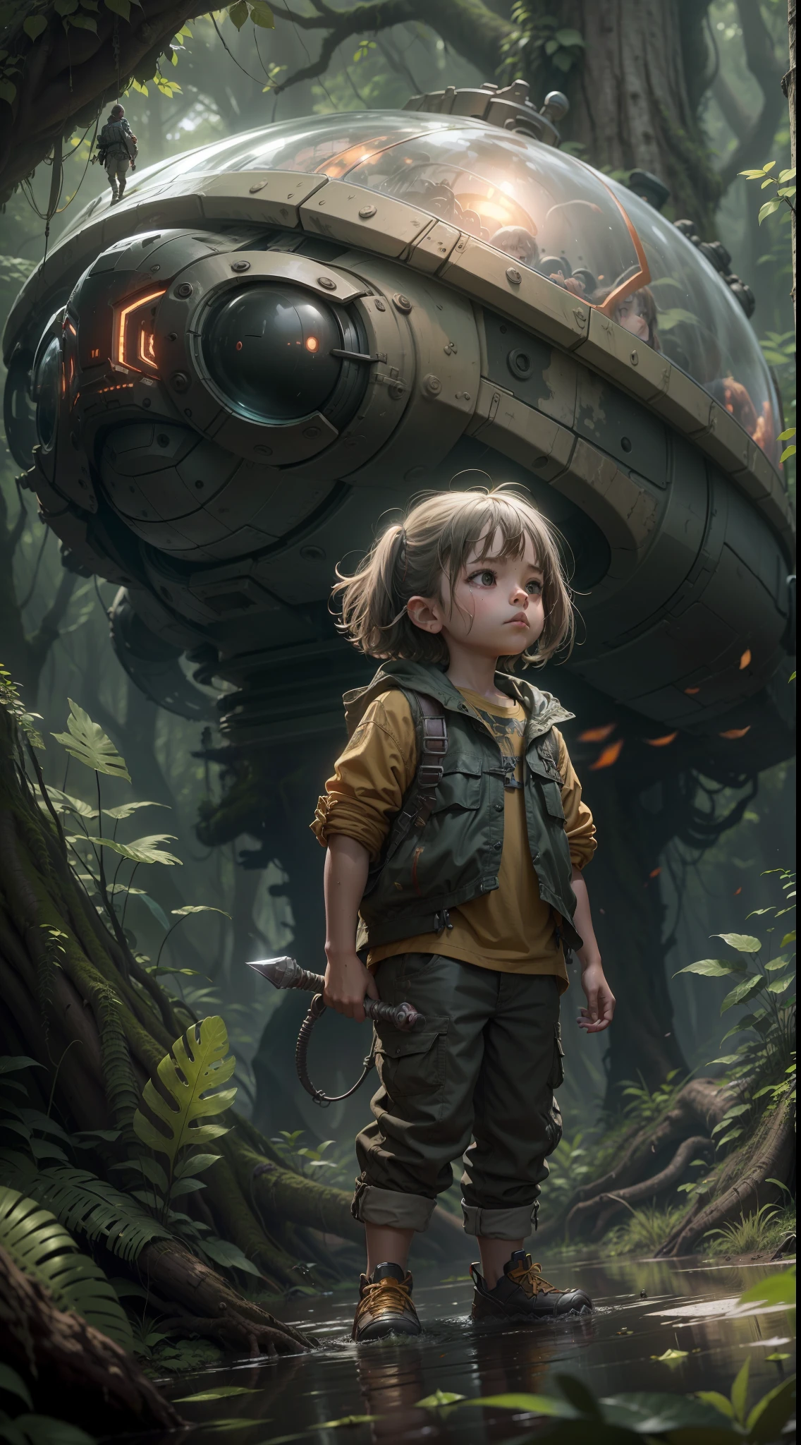 Dense jungle，Rough and damp trees，Huge thick vine，weeds，water puddles，marshes，Piranha，（（A 5-year-old child stands in front of a huge alien spaceship）），（（cute kid，both sexes，，Very short）），Thick hammer，Jump into the air to hit，Dungeon game style，adventurer clothing，brutal，bloodthirsty，attacking，bloods，heavy bleeding，super-fine，Works of masters，high qulity，8K分辨率，depth of fields，电影灯光，Epic shooting