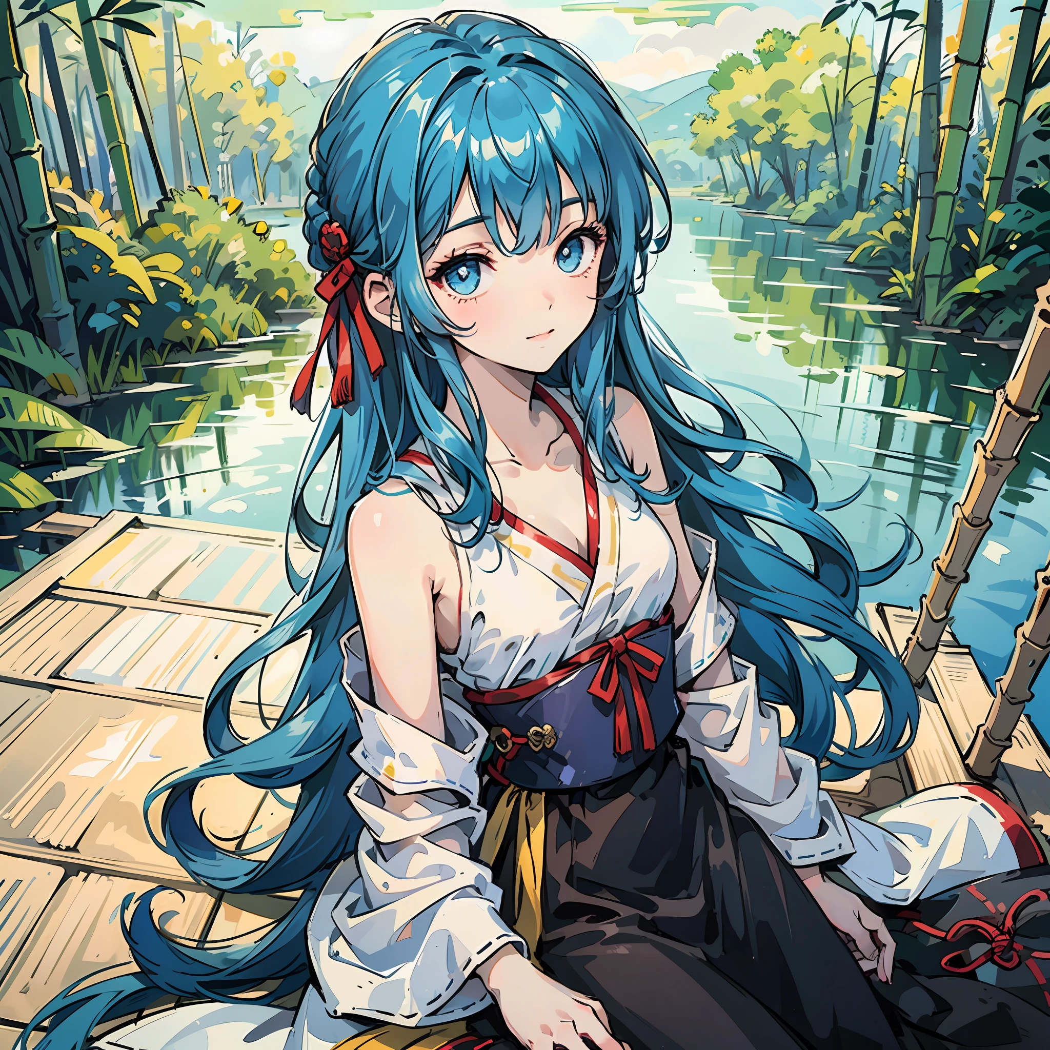 Masterpiece, Best Quality, Official Art, 8k Wallpaper, Very Detailed, Illustration, 1 Girl, Sky Blue Hair, Long Hair, Detailed Eyes, Forrest Gump, Bare Shoulders, Hanfu, Lake, Pure, Soft Smile, bamboo, tea --auto