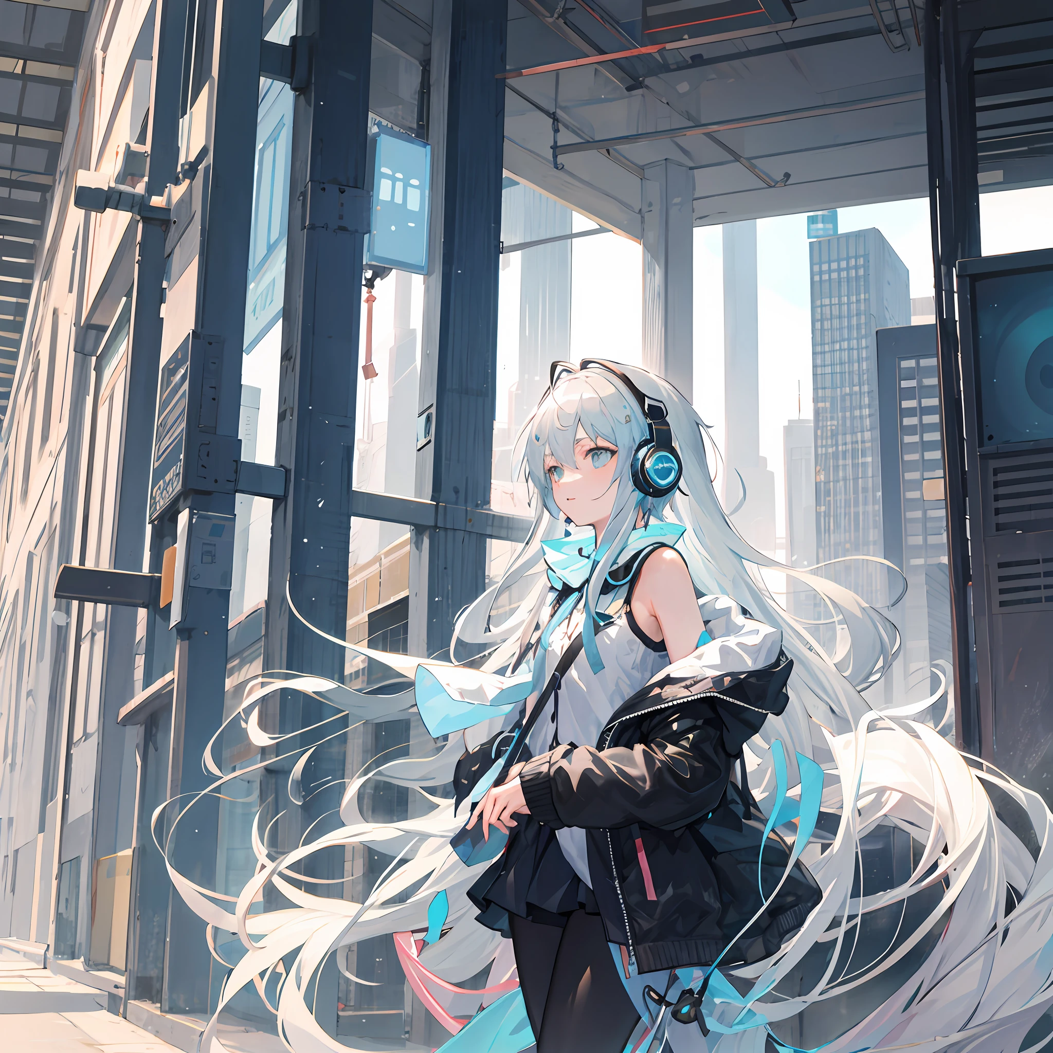 femele,Silvery hair(((Light blue headphones))),Listening to music,Listen intently,The background is the city center,Like Tokyo,firmament,​​clouds,near future,5 fingers