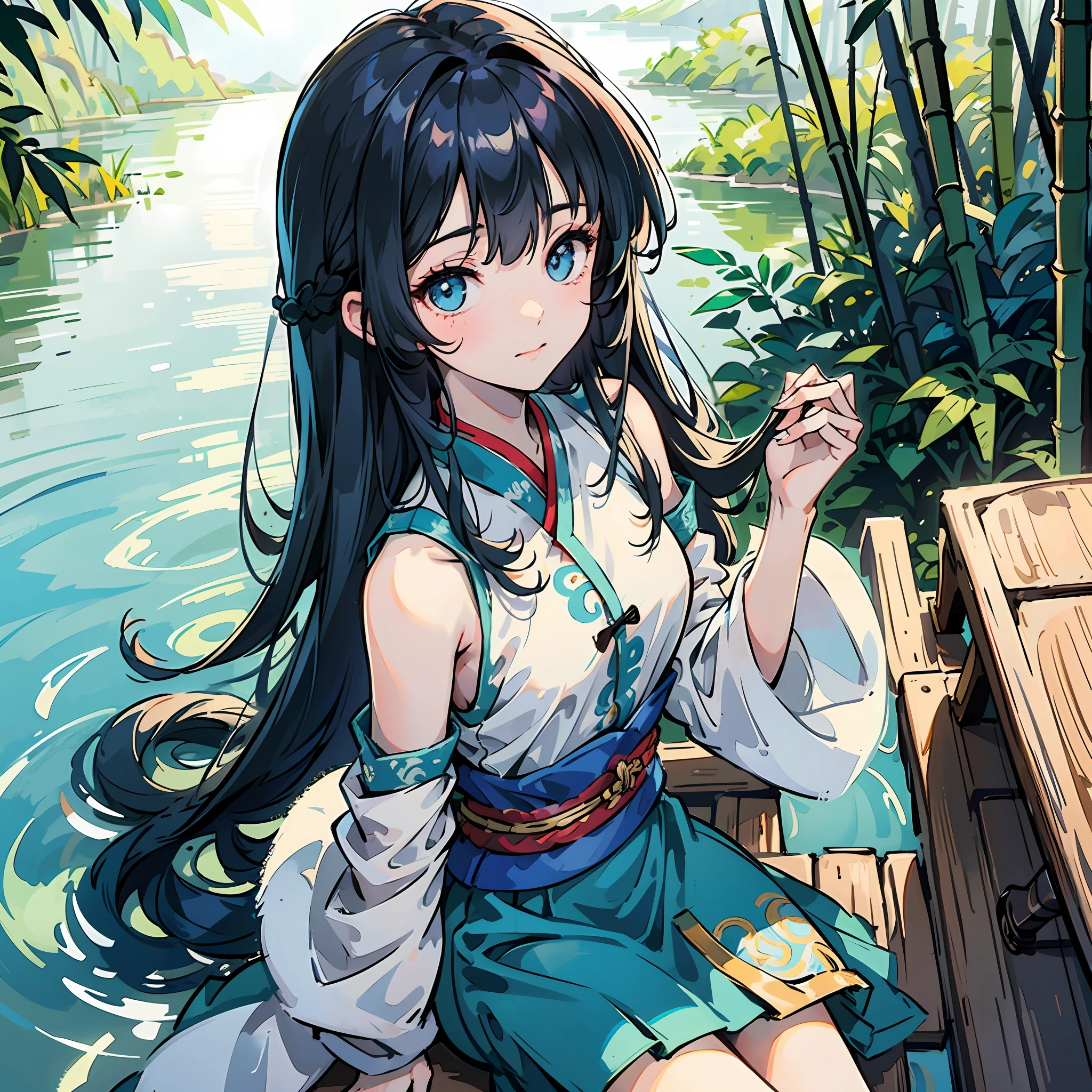 Masterpiece, Best Quality, Official Art, 8k Wallpaper, Very Detailed, Illustration, 1 Girl, Sky Blue Hair, Long Hair, Detailed Eyes, Forrest Gump, Bare Shoulders, Hanfu, Lake, Pure, Soft Smile, bamboo, tea --auto