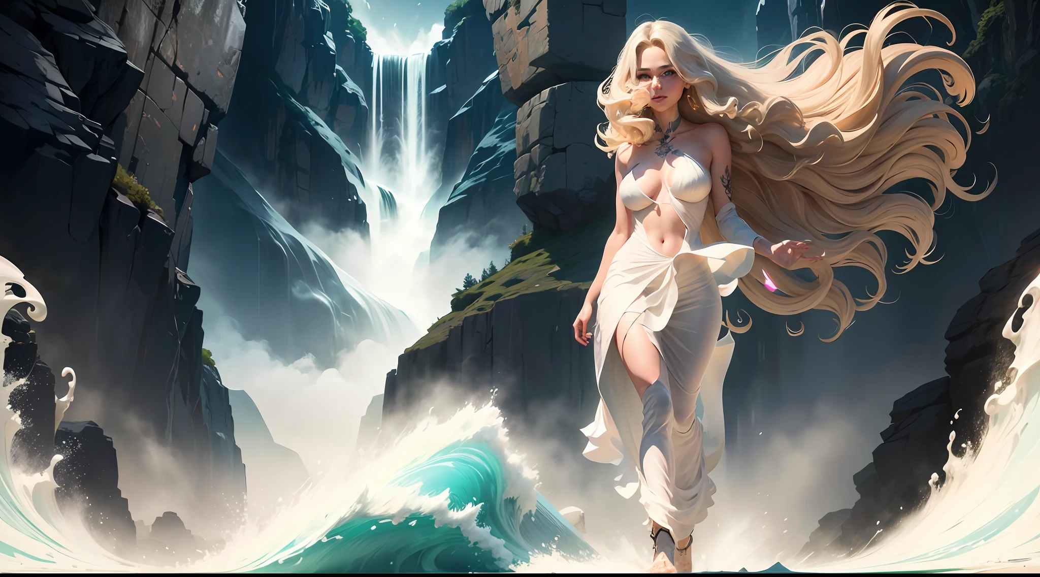 Realistic, full-body portrait of a young woman, 20 years old. standard body shape, realistic perfect body composition, milky beige hair blowing in the wind, wet body, waterfall scene. Beautiful realistic perfect green eyes, charming smile, white, even teeth, make up the perfect eye shape overall. fair skin, good looking, tattoo art, sexy sexy liquid acrylic 5cm outfit, warm dreamy light, volumetric light, adventure style pulp, dynamic gradient, true color, illustration graphics, highly detailed vector curves, simple, smooth and clean, vector art, smooth, character design, cinema, surrealism, posters, masterpiece collection, sunset, wet pigment. High image quality, meticulous detail, perfect realistic work --auto