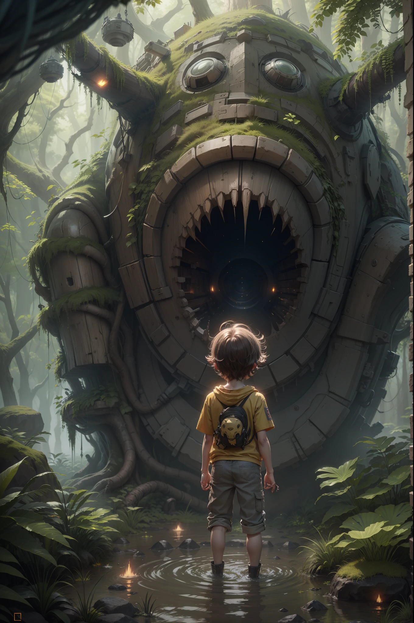 Dense jungle，Rough and damp trees，Huge thick vine，weeds，water puddles，marshes，Piranha，（（A 5-year-old child stands in front of a huge alien spaceship）），（（cute kid，both sexes，，Very short）），Thick hammer，Jump into the air to hit，Dungeon game style，adventurer clothing，brutal，bloodthirsty，attacking，bloods，heavy bleeding，super-fine，Works of masters，high qulity，8K分辨率，depth of fields，电影灯光，Epic shooting