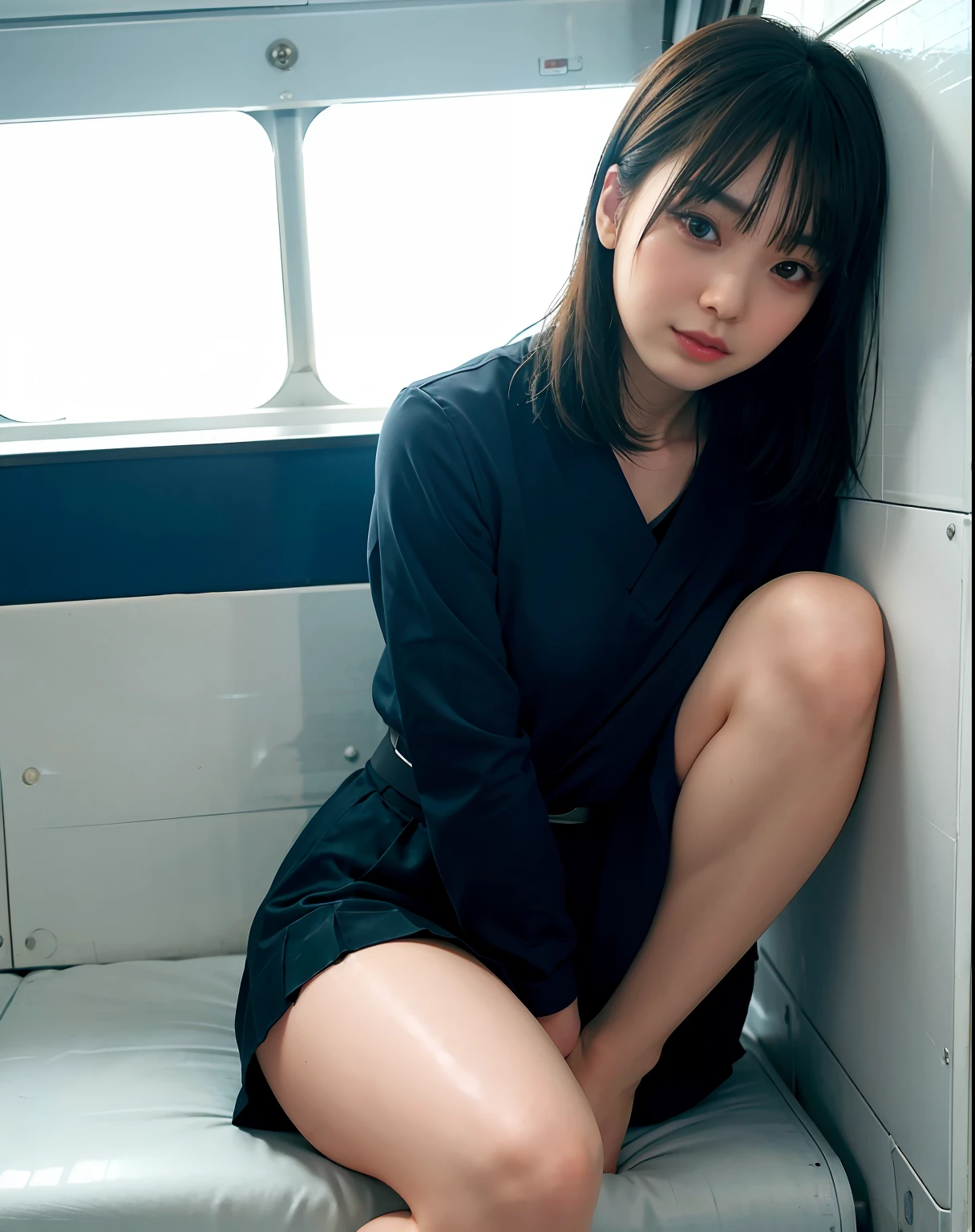 "(Masterpiece, High Definition, Ultra High Definition, 4K) Black hair, 14 years old Japan girl, uniform skirt, emphasizing thighs, white thighs, soft thighs, glossy thighs, sitting on the train, face-to-face angle, (angle from below),sitting in the train seat,Sitting in front,Zoom camera in the crotch,Feet on the train floor,Full body,Looking down and sleepy,Looking at the viewer only", best quality, ultra high definition, (photorealistic:1.4),, high resolution, detail, raw photo, sharp re, Nikon D850 film stock photo by Lee Jefferies 4 kodak portra 400 camera f1.6 lens rich colors hyper realistic lively textures dramatic lighting unreal engine artstation trends cinestir 800,