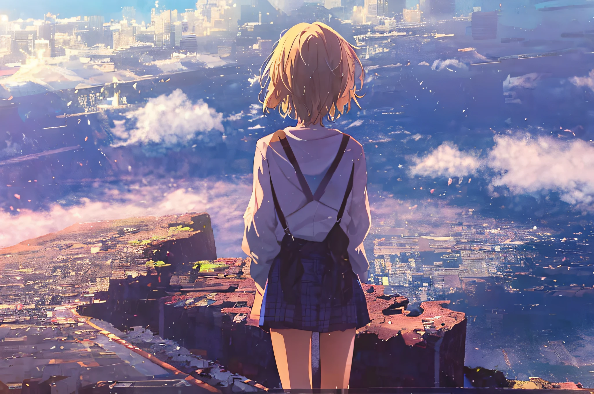 Anime girl looking down on view from cliff top, top-quality, 8k , ultra long